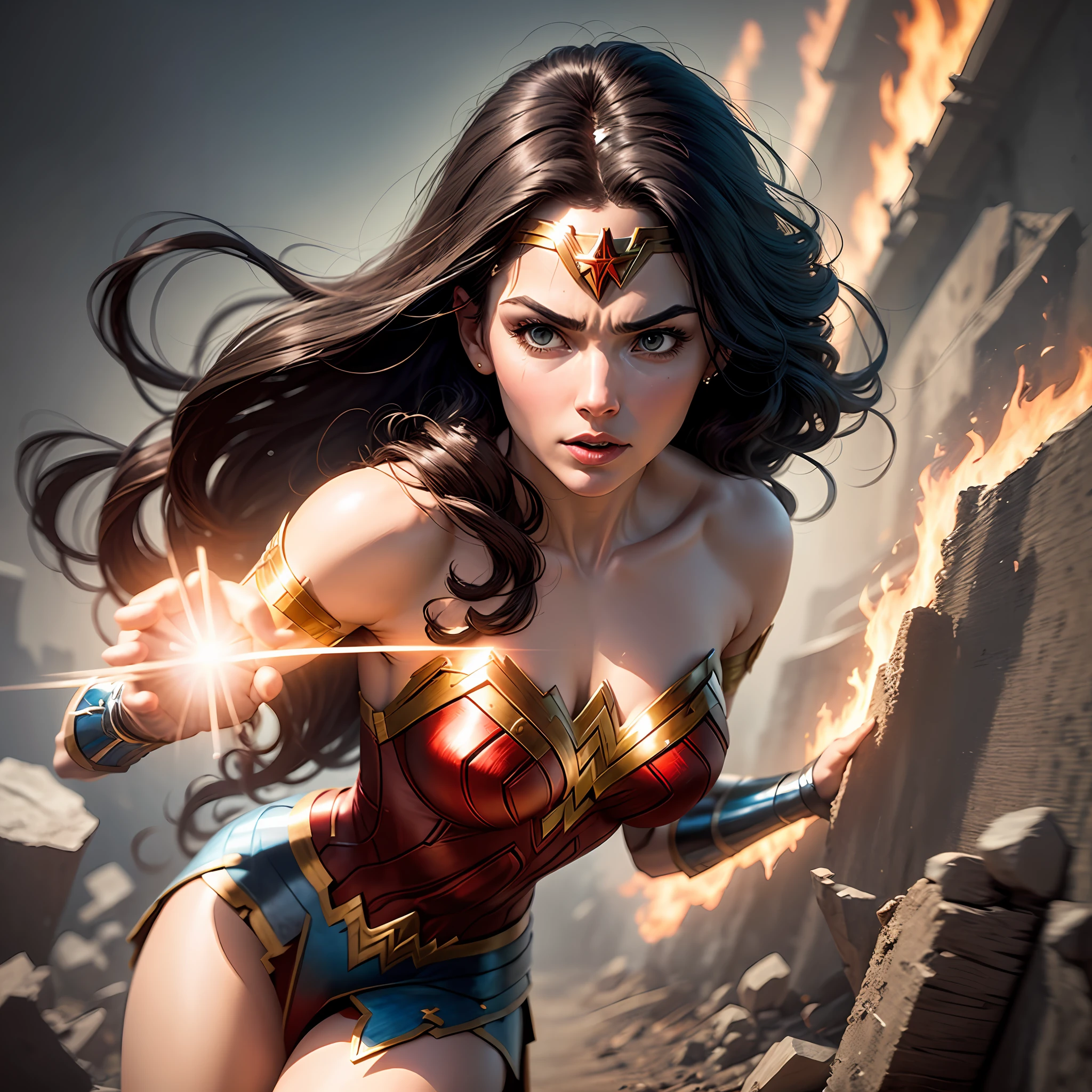 Wonder Woman facing powerful enemies with her extraordinary abilities and divine powers, protecting the world and inspiring hope. --auto