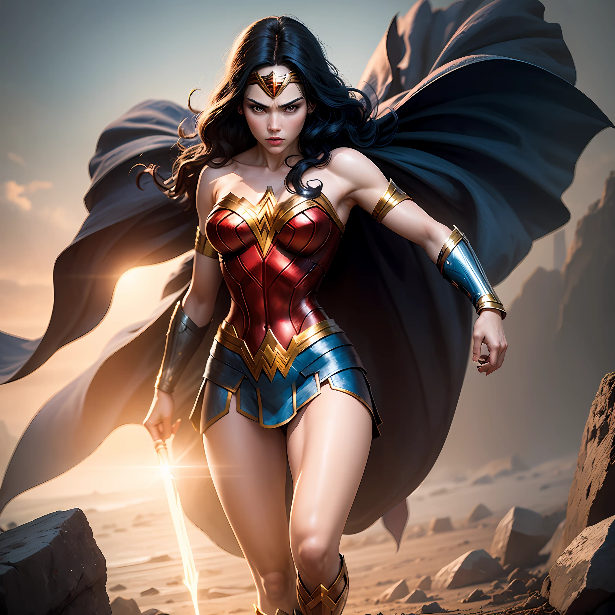 Wonder Woman facing powerful enemies with her extraordinary abilities and divine powers, protecting the world and inspiring hope. --auto