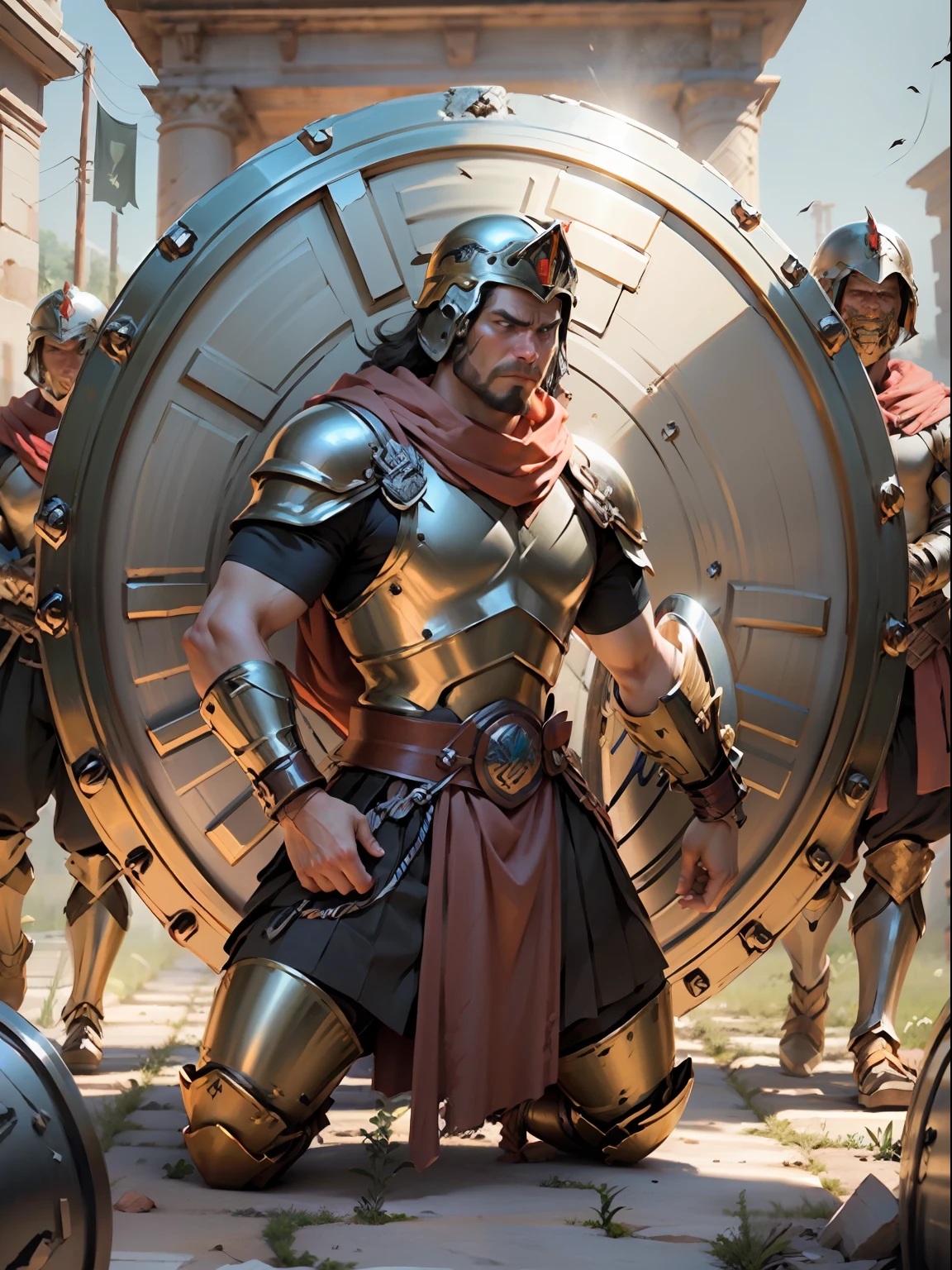 fantastic image of Roman gladiators fighting for life behind a shield, (holding shields over the body), combat weather and hot, diffuse light, complex 3D rendering