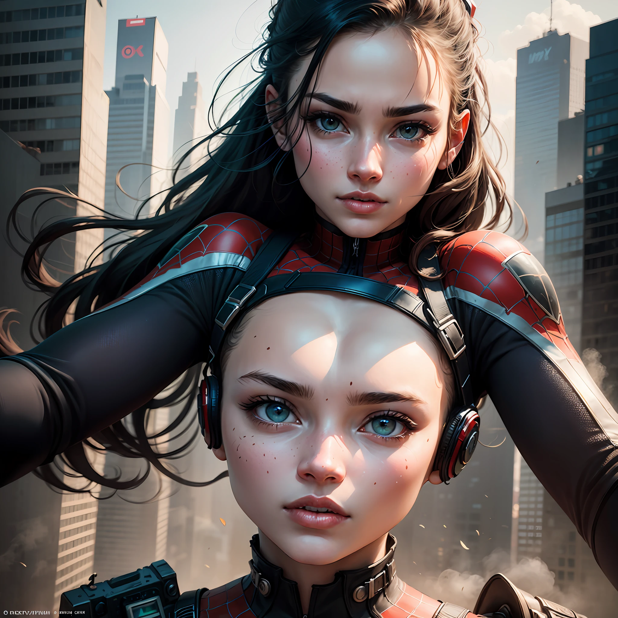 (1girl:1.3), Solo, (((Very detailed face)))), ((Very detailed eyes and face)))), Beautiful detail eyes, Body parts__, Official art, Unified 8k wallpaper, Super detailed, beautiful and beautiful, beautiful, masterpiece, best quality, original, masterpiece, super fine photo, best quality, super high resolution, realistic realism, sunlight, full body portrait, amazing beauty, dynamic pose, delicate face, vibrant eyes, (from the front), She wears Spider-Man suit, red and black color scheme, spider, very detailed city roof background, rooftop, overlooking the city, detailed face, detailed complex busy background, messy, gorgeous, milky white, highly detailed skin, realistic skin details, visible pores, clear focus, volumetric fog, 8k uhd, DSLR, high quality, film grain, fair skin, photo realism, lomography, futuristic dystopian megalopolis, translucent --auto
