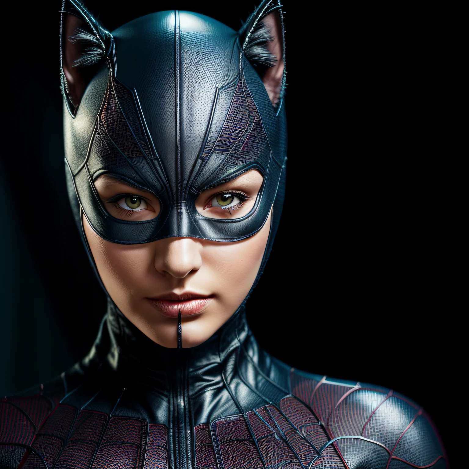 A woman in a cat suit with a whip, Catwoman, by Mike Deodato, J Scott Campbell, J. Scott Campbell, Catwoman, ( ( spiderwoman ) ), villainy, Spider-Woman!!!, inspired by Mike Deodato, cat girl, spider woman, Lara Croft as spider-woman, girl, mike deodato jr, black cat. Best quality, realistic, realistic, award winning illustration, (highly detailed face and skin texture), (full body), (complicated detail: 1.2), (fine detail), (complicated detail), (cinematic lights, best quality backlight), sharp lines, sharp focus, official art, unit 8k wallpaper, absurd, unbelievably absurd, huge file size, Ultra-, fantasy art, RTX, ((Closing photo-up by award-Winning studio)), , (shut up), , perfect hands, beautiful detailed eyes, Perfect Face