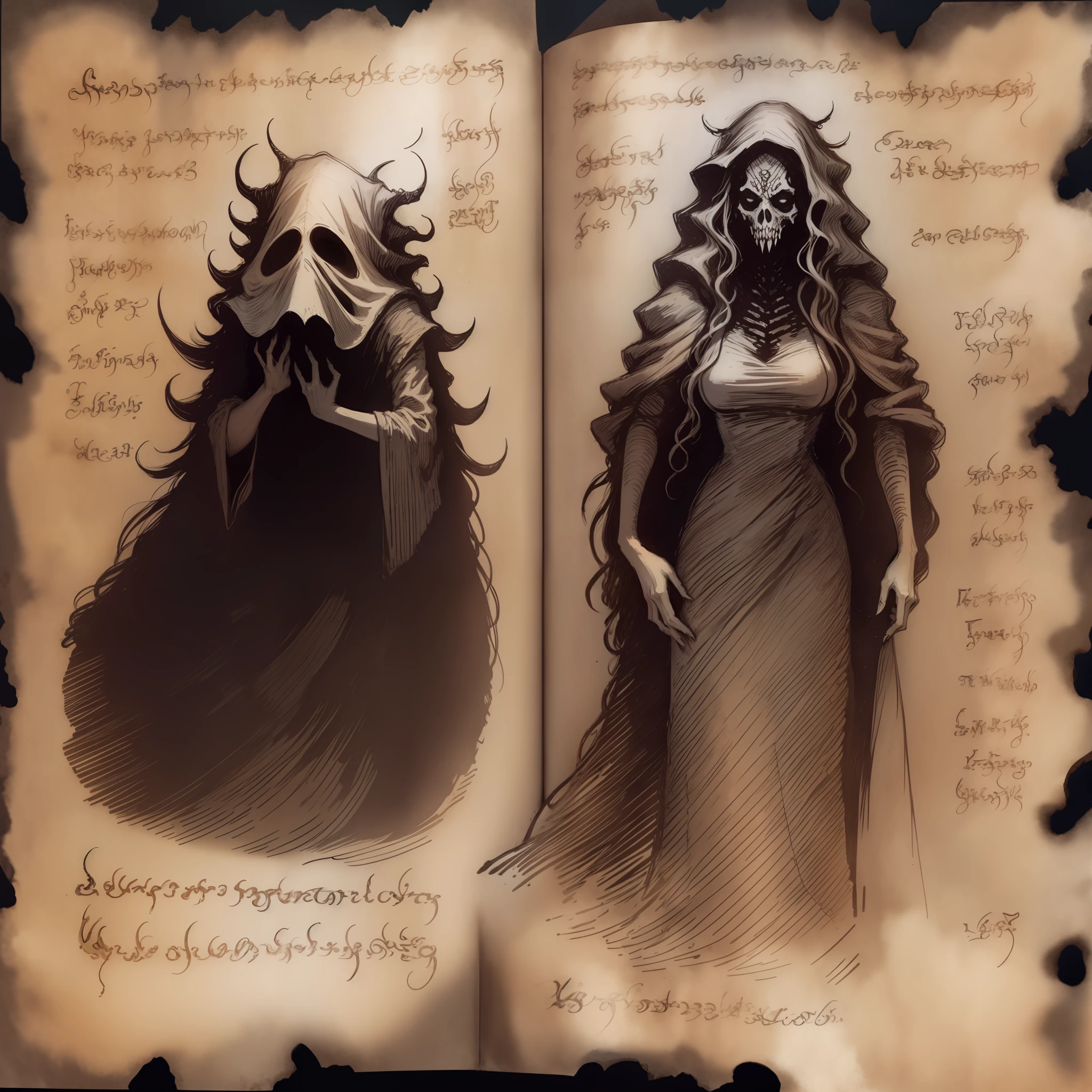 necronomicon sketch scary woman with long hair covering her face and white dress