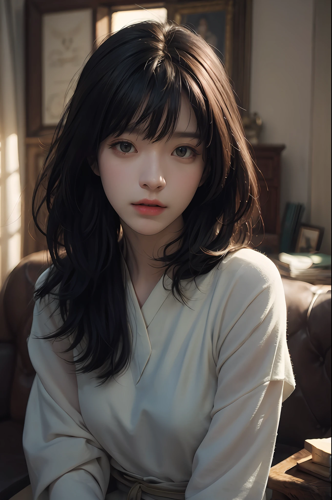 (RAW photos, top quality), (realistic, photorealistic: 1.3), highest quality, high definition, masterpiece, super detail, illustration, 1girl, upper_body, dynamic angle, world masterpiece theater, messy_long_hair, top quality, highly detailed CG Unity 8k wallpaper, ink, stunning, cinematic lighting, lens_flare, dunhuang_ style, short hair