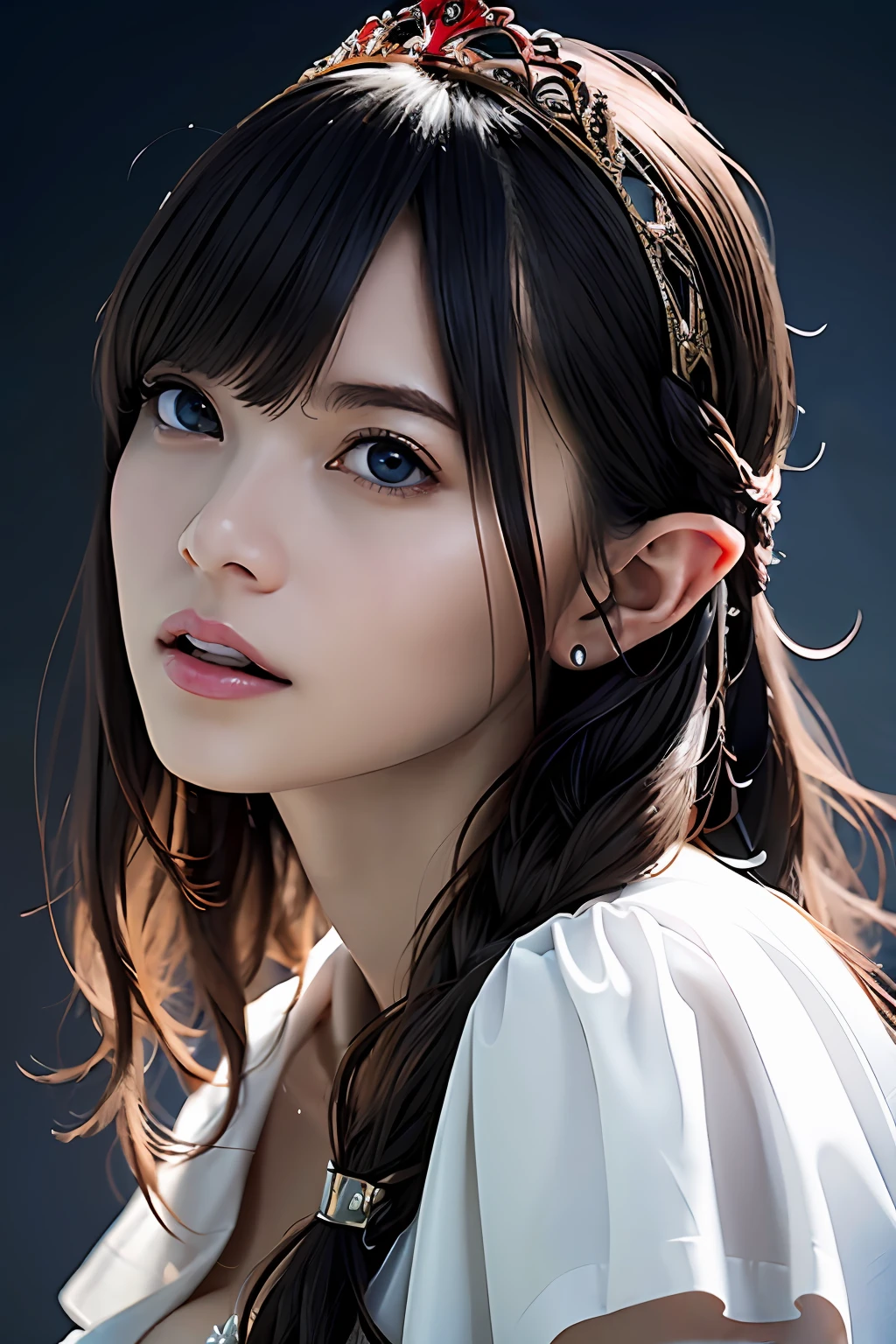Ultra-detailed complex 3D rendering of the face, (Colossal: 8.8), (masterpiece, top quality, octane rendering, 8K), glamour shot full body image, very beautiful young elf, cleavage, (very detailed skin: 1.2), (exposure: 1.1), brown hair, ((wearing a plummet open shirt of white silk: 1.5)), beautiful Caucasian woman with full soft breasts and dark skin, big buttocks, 1 person, long braided hair, big breasts, dynamic angle, mystical expression, ultra-realistic photos, (((((portrait))), bare feet, futuristic urban background, facial muscles, detailed and beautiful queen crown, in the style of Marvel Comics, ArtStation trends, clear focus, studio photography, intricate details, very detailed, detailed red eyes, very detailed, Sharp focus, digital rendering, professional, abs, dark gray background, shot with Canon EOS R 6,