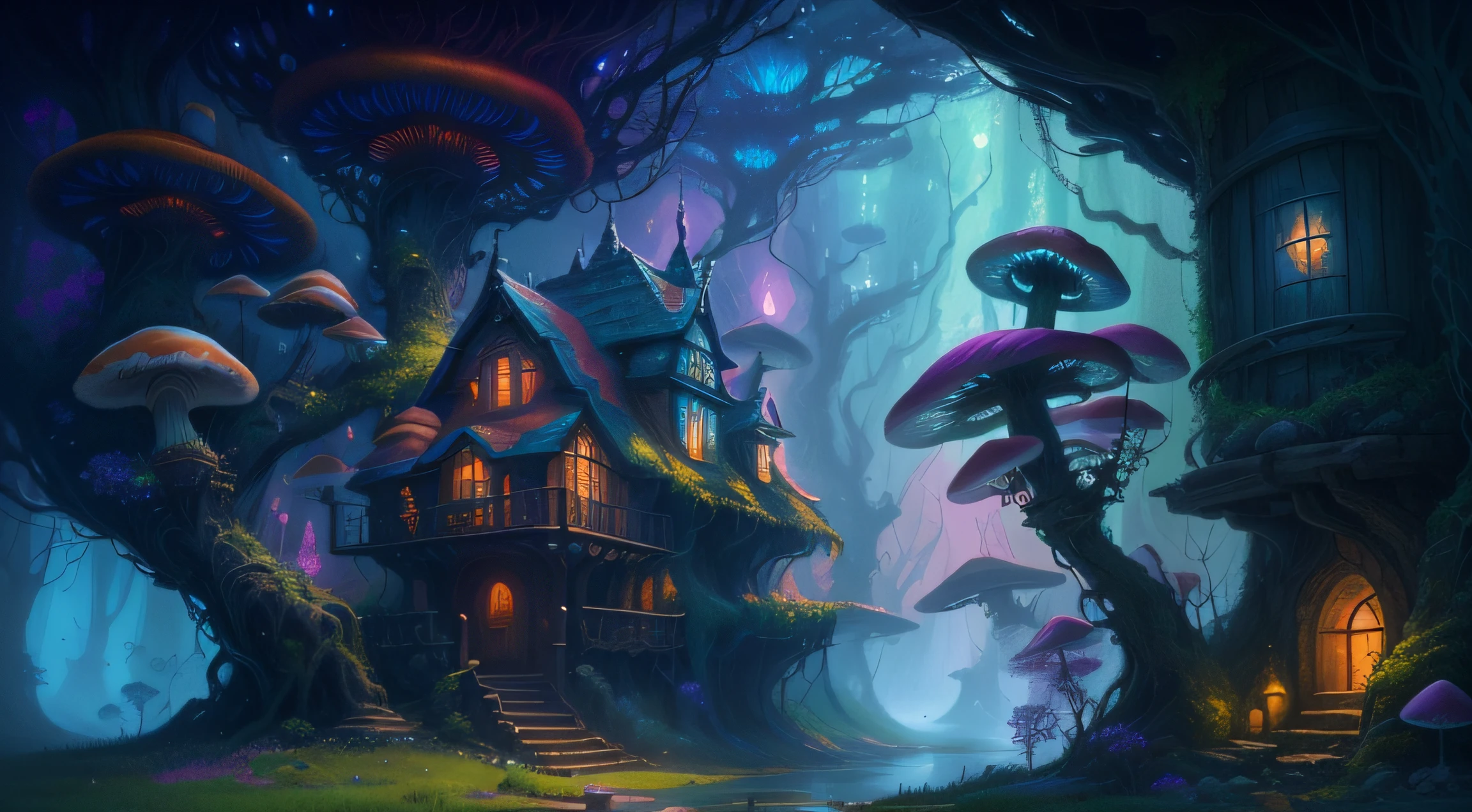 a close up of a house in a fantasy forest with mushrooms, magical colors and atmosphere, colorful concept art, fantasy magical vegetation, colorfull digital fantasy art, whimsical fantasy landscape art, lush alien landscape, magical colours and atmosphere, fantasy painterly style, mystical fantasy landscape, detailed fantasy digital art, fantasy digital painting, fantasy art landscape, fantasy forest landscape