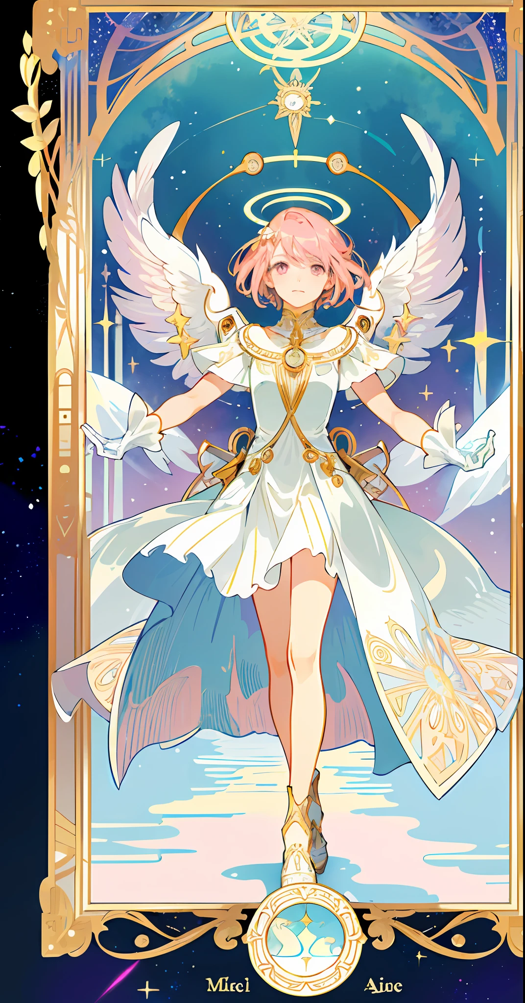 ((masterpiece,best quality)),(1girl, solo:1.4),beautiful detailed eyes, vivid, cinematic light, full_body, pink_flowers, (tarot_card), intricate, detailed background, looking_at_viewer, Madoka Kaname, hands reaching out, (flat chest), (walking), casual pose, posing, (white_gloves), (pink_eyes), white feathers, sparkles, glitter, celestial, outerspace, by alphonse mucha, (gold frame), halo, (tarot border)