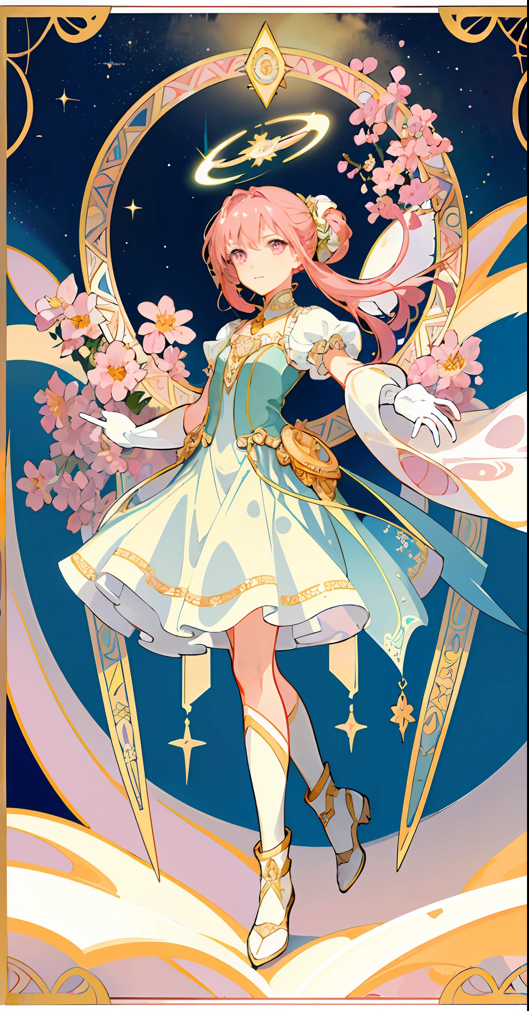 ((masterpiece,best quality)),(1girl, solo:1.4),beautiful detailed eyes, vivid, cinematic light, full_body, pink_flowers, (tarot_card), intricate, detailed background, looking_at_viewer, Madoka Kaname, hands reaching out, (flat chest), (walking), casual pose, posing, (white_gloves), (pink_eyes), white feathers, sparkles, glitter, celestial, outerspace, by alphonse mucha, (gold frame), halo, (tarot border)