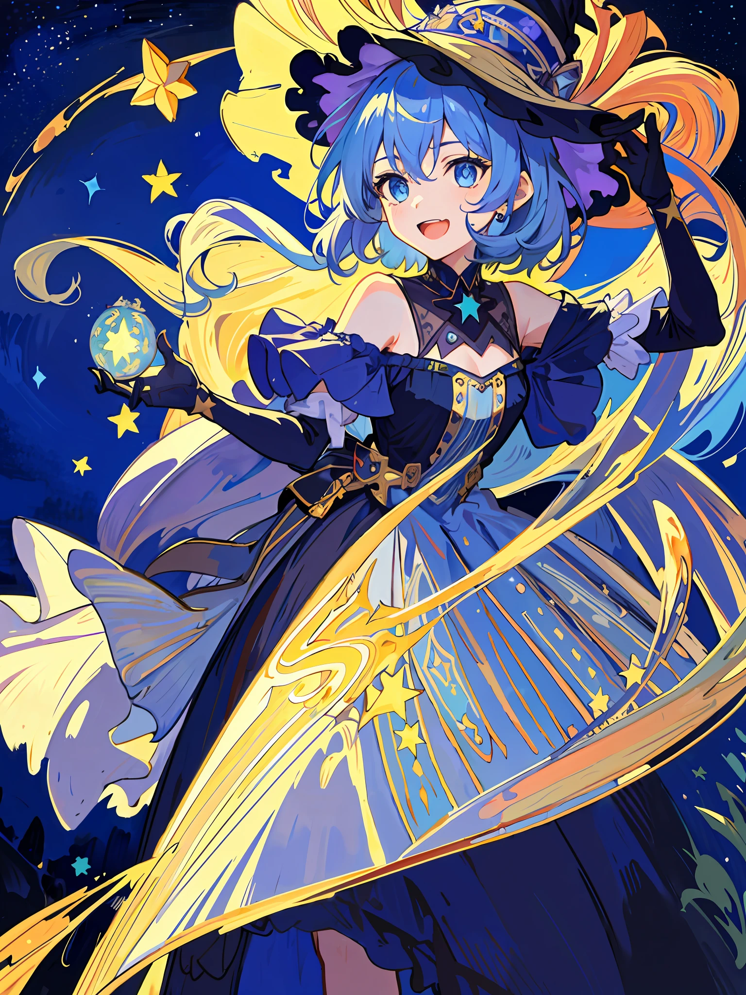 ((masterpiece:1.2, best quality)), 1girl, solo, (witch hat), a close up of a girl with curl hair, short hair, dress, aurora, night, star (sky), gloves, sky, dress, night sky, open mouth, starry sky, light blue eyes, ribbons, smile, cape, blue hair, magic, casting spell, night, (impressionism:1.4), alphonse mucha, Halloween colors, colorful candy