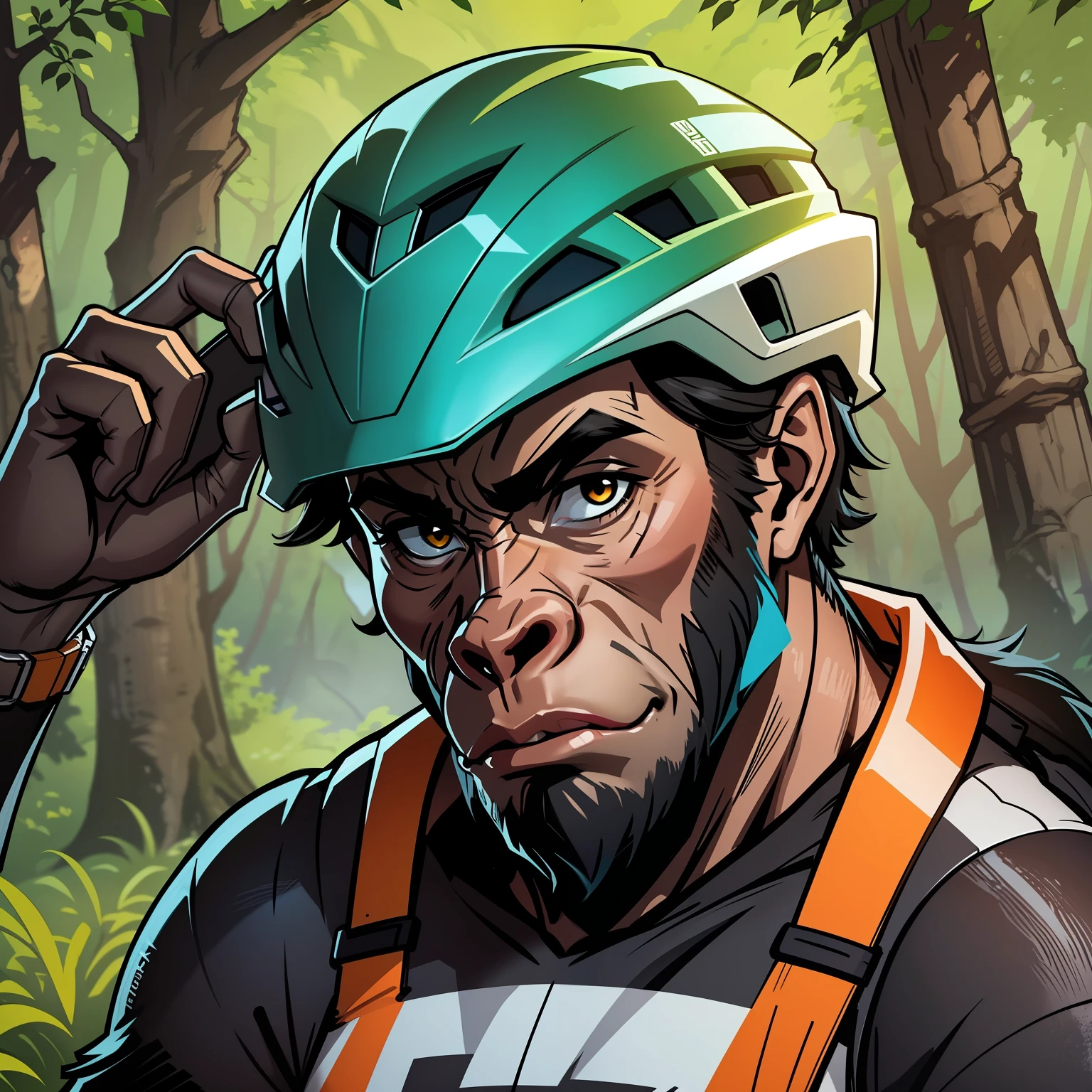 gorilla face wearing an enduro mountain biking helmet showing agressiviness