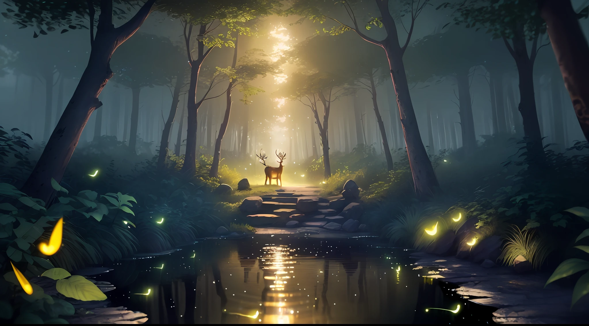 Masterpiece, best quality, (very detailed CG unity 8k wallpaper), (best quality), (best illustration), (best shadows), glow sprite, with a glowing deer, in the swimming pool Drinking water, natural elements in the forest theme. Mysterious forest, beautiful forest, nature, surrounded by flowers, delicate leaves and branches surrounded by fireflies (natural elements), (jungle theme), (leaves), (twigs), (fireflies), (particle effects) etc. 3D , Octane rendering, ray tracing, super detailed