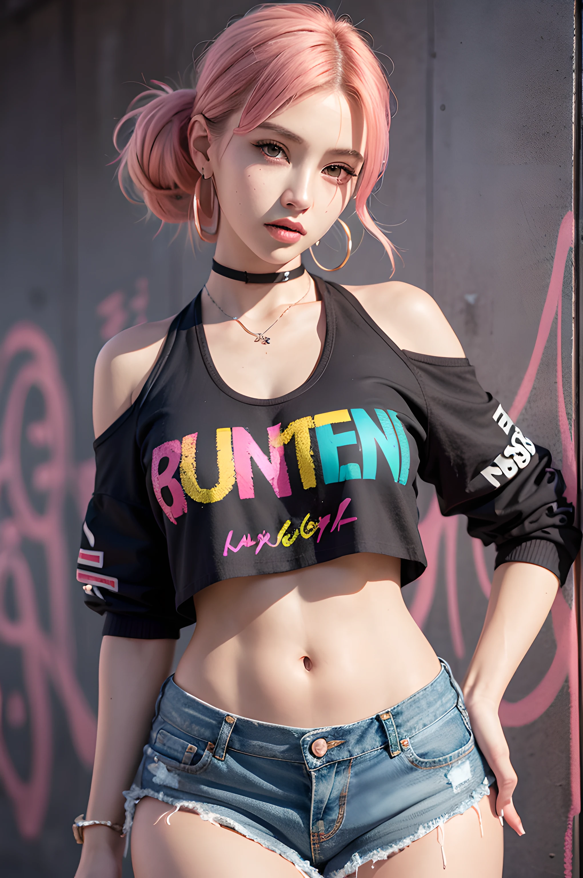 (masterpiece), (portrait), (aesthetic), (beautiful), (upper blody), (high quality), (aesthetic clothings), (professional angle), (rule of thirds), (Feminine), (woman), (female), (beautiful),(feminine features), (21 years), solo, 1 woman, (attractive Korean), Summer, (Paint Mist), (Afternoon), (Vibrant light), ((Expressive Poses)), (Hands on Hips Hands), ((Looking Forward Face)), ((Energetic)), (Bold Make-up), (Petite Bust), (Statement Earrings), ((Short Hair)), (Pink Hair), (Straight Hair), (Ponytail hair), (- in Hair), (Wide Open Eyes), (Brown Eyes), (Confident Look), Fair skin, (Neon Accents Clothing), (Crop Top), (Denim Shorts), (- ), (Halter Neck Neckline), ((Graffiti Wall background)), (Medium Shot Shot), beautiful hands, two hands, normal hands, two arms, complete hands, beautiful body, beautiful fingers, normal fingers, five fingers, five fingers, beautiful ears, normal ears, beautiful eyes, shiny eyes, beautiful mouth, beautiful lips,