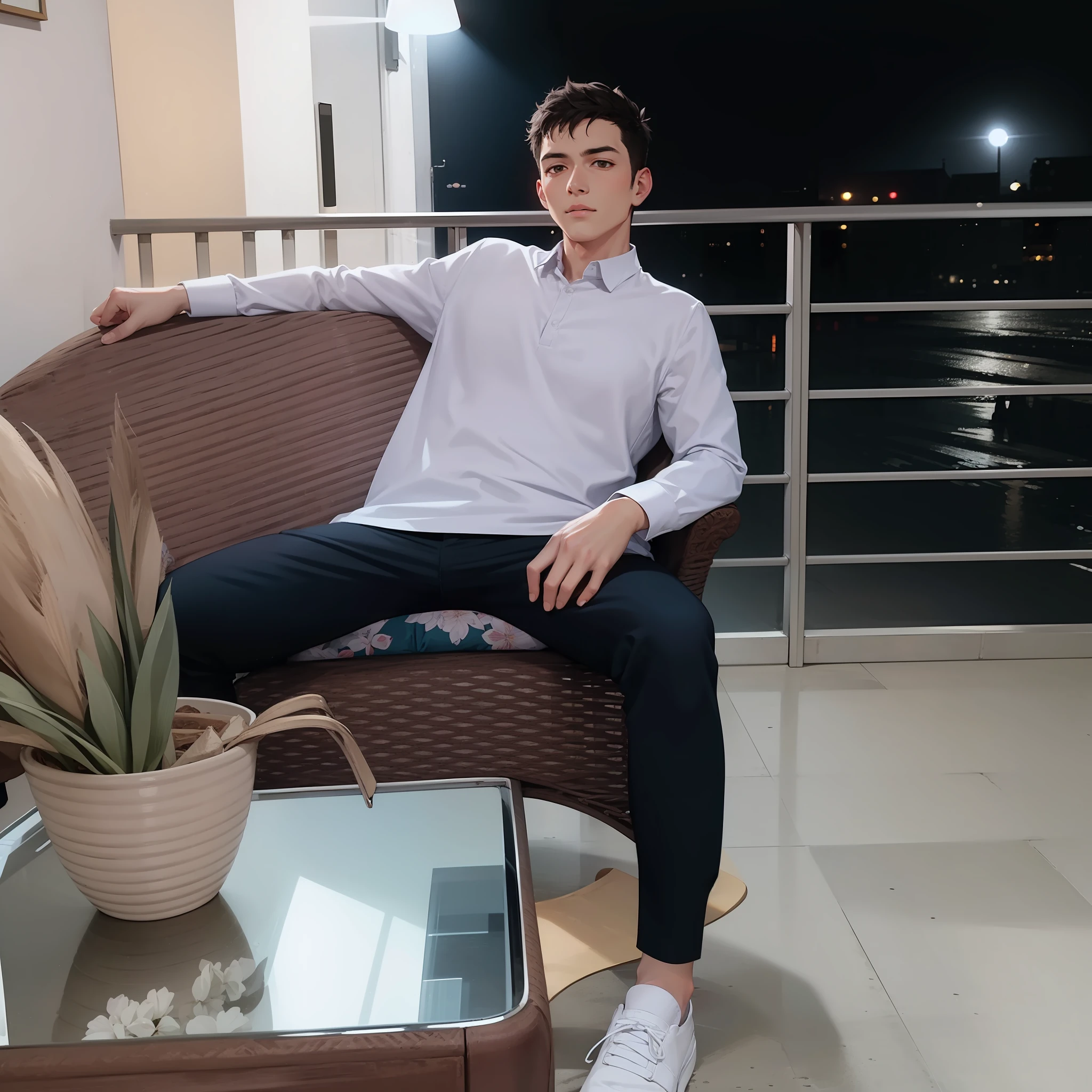 "Man sitting with his legs spread, wearing a white collared shirt, black pants and white shoes, in an inn."