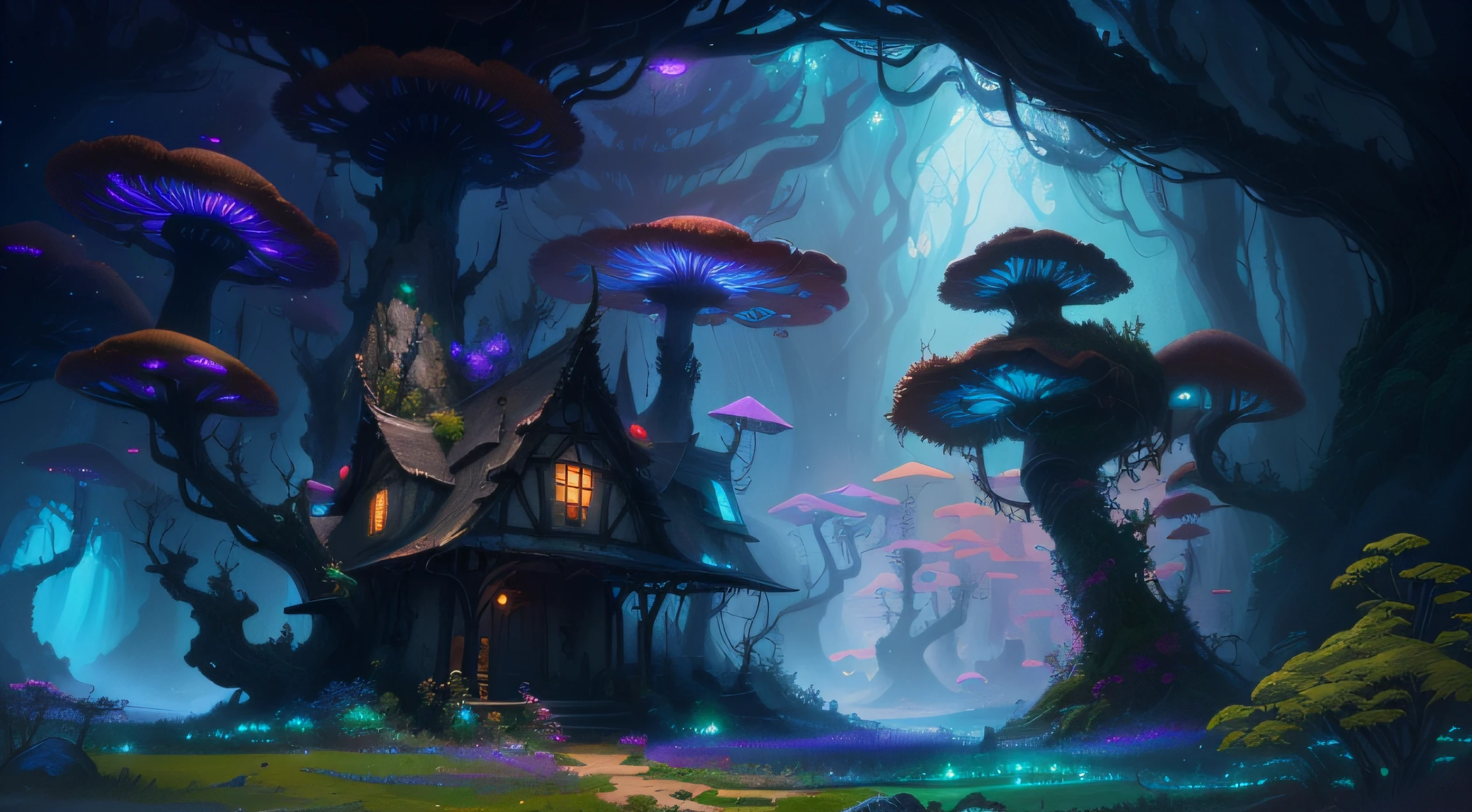 a close up of a house in a fantasy forest with mushrooms, magical colors and atmosphere, colorful concept art, fantasy magical vegetation, colorfull digital fantasy art, whimsical fantasy landscape art, lush alien landscape, magical colours and atmosphere, fantasy painterly style, mystical fantasy landscape, detailed fantasy digital art, fantasy digital painting, fantasy art landscape, fantasy forest landscape