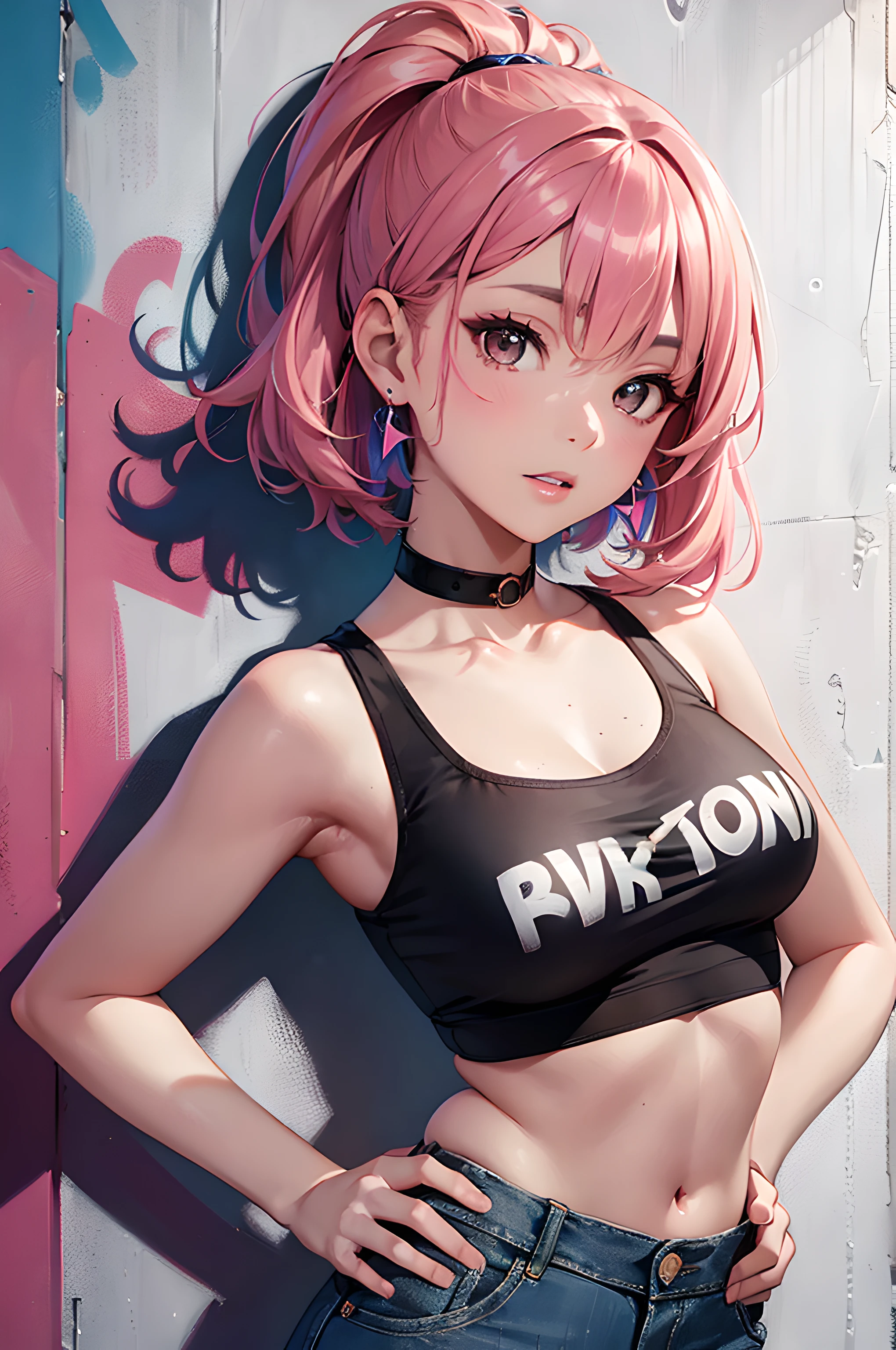 (masterpiece), (portrait), (aesthetic), (beautiful), (upper blody), (high quality), (aesthetic clothings), (professional angle), (rule of thirds), (Feminine), (woman), (female), (beautiful),(feminine features), (21 years), solo, 1 woman, (attractive Korean), Summer, (Paint Mist), (Afternoon), (Vibrant light), ((Expressive Poses)), (Hands on Hips Hands), ((Looking Forward Face)), ((Energetic)), (Bold Make-up), (Petite Bust), (Statement Earrings), ((Short Hair)), (Pink Hair), (Straight Hair), (Ponytail hair), (- in Hair), (Wide Open Eyes), (Brown Eyes), (Confident Look), Fair skin, (Neon Accents Clothing), (Crop Top), (Denim Shorts), (- ), (Halter Neck Neckline), ((Graffiti Wall background)), (Medium Shot Shot), beautiful hands, two hands, normal hands, two arms, complete hands, beautiful body, beautiful fingers, normal fingers, five fingers, five fingers, beautiful ears, normal ears, beautiful eyes, shiny eyes, beautiful mouth, beautiful lips,