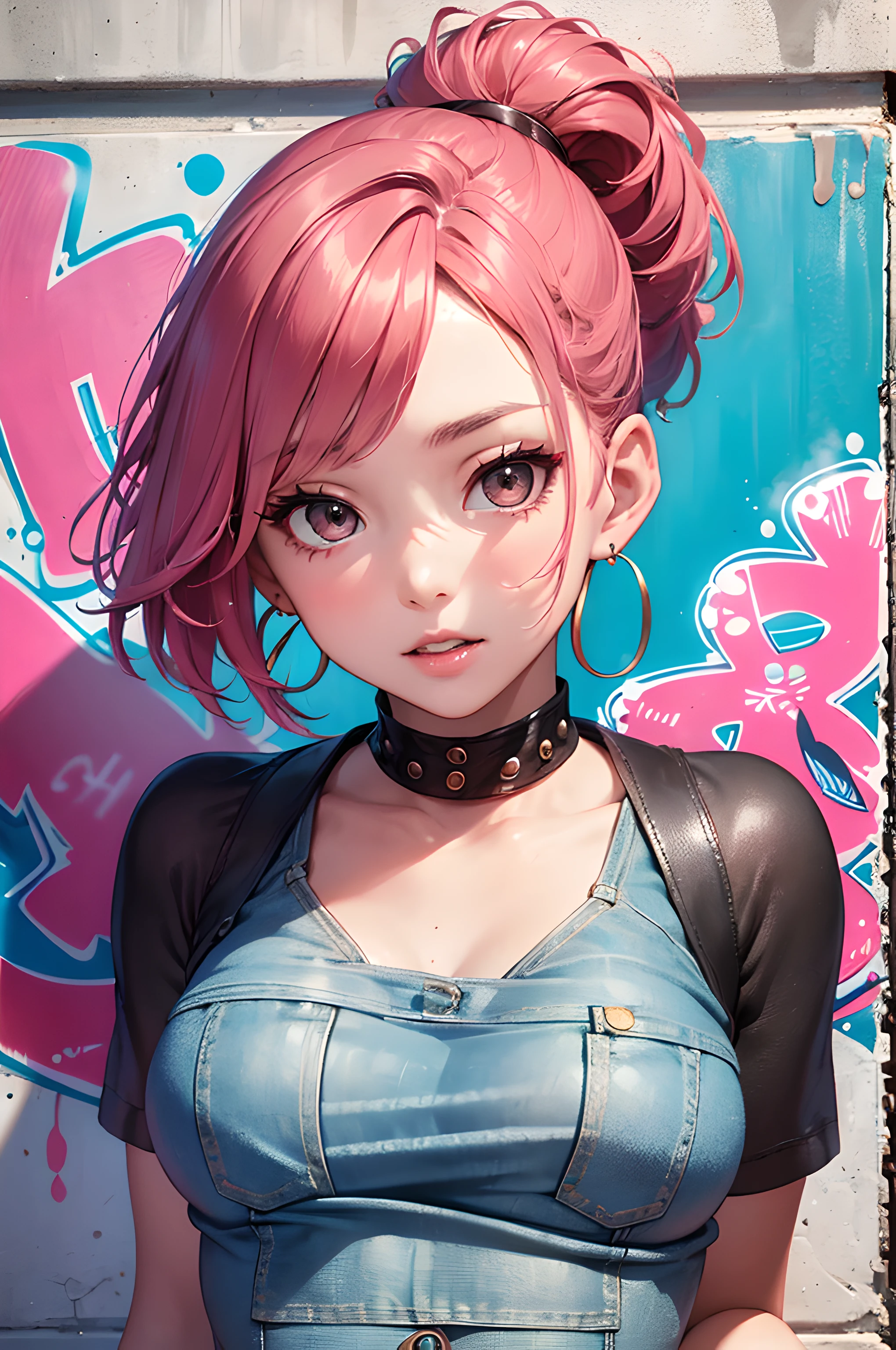(masterpiece), (portrait), (aesthetic), (beautiful), (upper blody), (high quality), (aesthetic clothings), (professional angle), (rule of thirds), (Feminine), (woman), (female), (beautiful),(feminine features), (21 years), solo, 1 woman, (attractive Korean), Summer, (Paint Mist), (Afternoon), (Vibrant light), ((Expressive Poses)), (Hands on Hips Hands), ((Looking Forward Face)), ((Energetic)), (Bold Make-up), (Petite Bust), (Statement Earrings), ((Short Hair)), (Pink Hair), (Straight Hair), (Ponytail hair), (- in Hair), (Wide Open Eyes), (Brown Eyes), (Confident Look), Fair skin, (Neon Accents Clothing), (Crop Top), (Denim Shorts), (- ), (Halter Neck Neckline), ((Graffiti Wall background)), (Medium Shot Shot), beautiful hands, two hands, normal hands, two arms, complete hands, beautiful body, beautiful fingers, normal fingers, five fingers, five fingers, beautiful ears, normal ears, beautiful eyes, shiny eyes, beautiful mouth, beautiful lips,