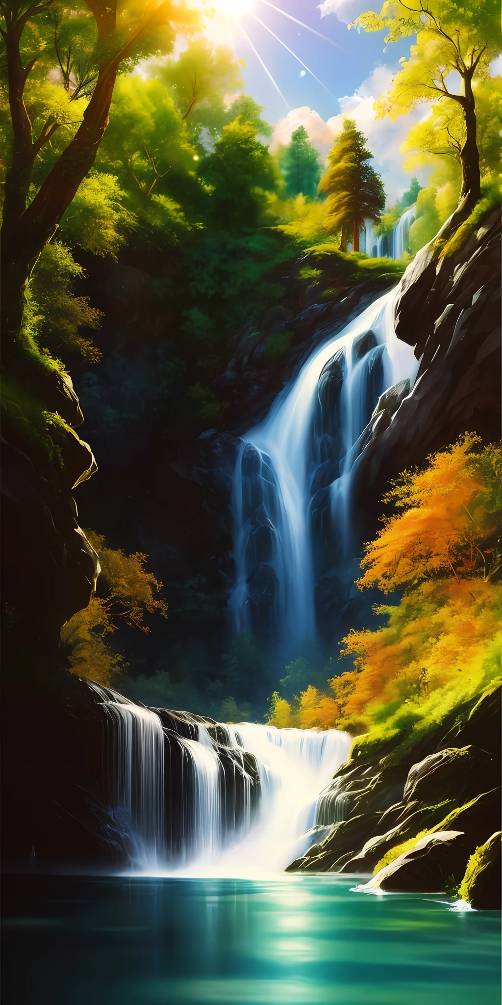 style, ChromaV5, nvinkpunk, (extremely detailed 8k CG unit wallpaper), An illustration of a bright and majestic waterfall falling on a rocky cliff, illuminated by the bright sun, The water glows as it falls, casting a rainbow of colors, the surrounding landscape is lush and verdant, with tall trees and wildflowers, award-winning photography, chromatic aberration; Geometric shapes; Bokeh, depth of field, photorealistic, detailed, flower, HDR, oil painting by John Singer Sargent, Frederic Church and Thomas Moran, trend at ArtStation, trend at CGSociety, art in the middle of the journey