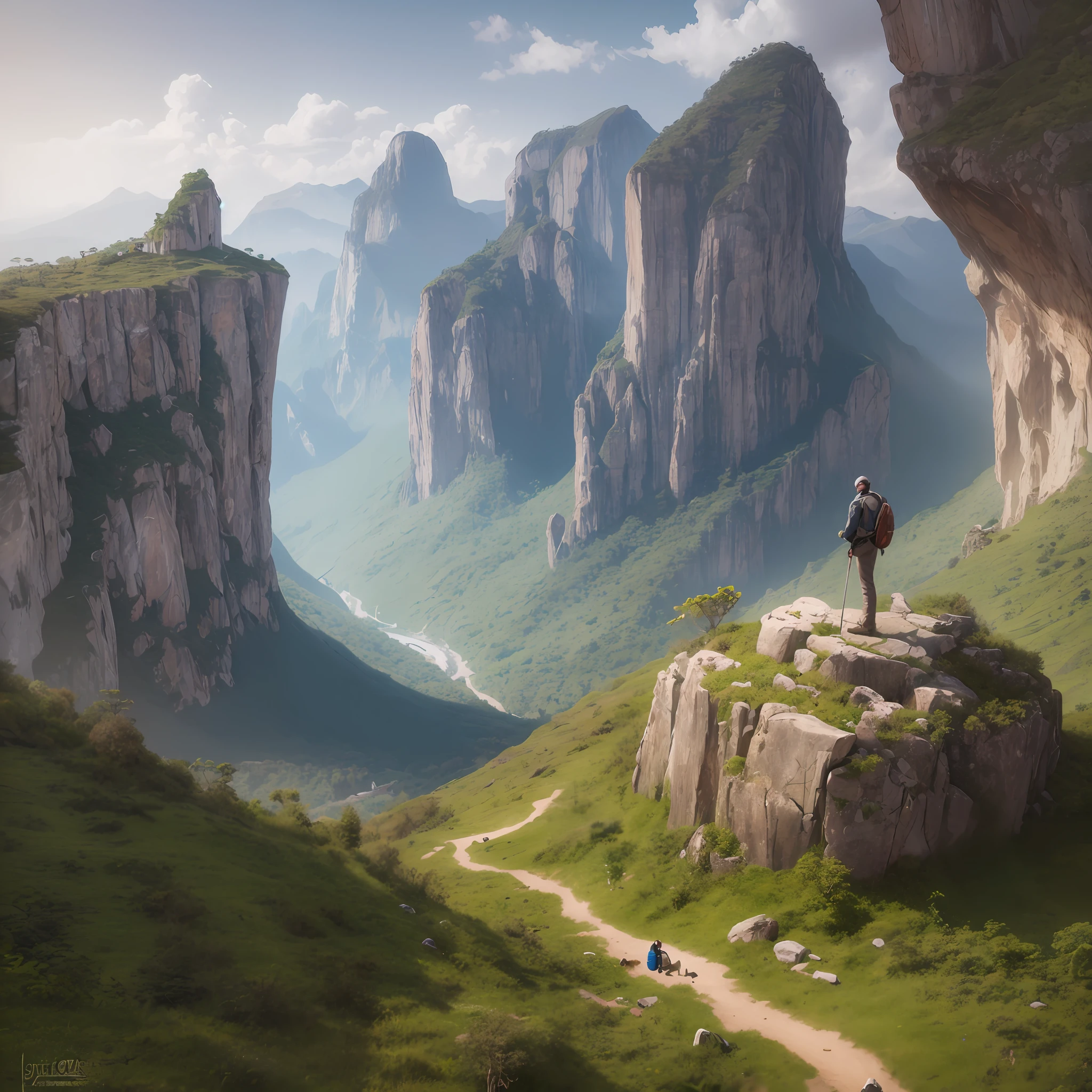 Portrait of Logan Jensen standing atop a rocky mountain with nice fantasy views of a jungle. Digital painting, artstation, concept art, soft focus, sharp, illustration.