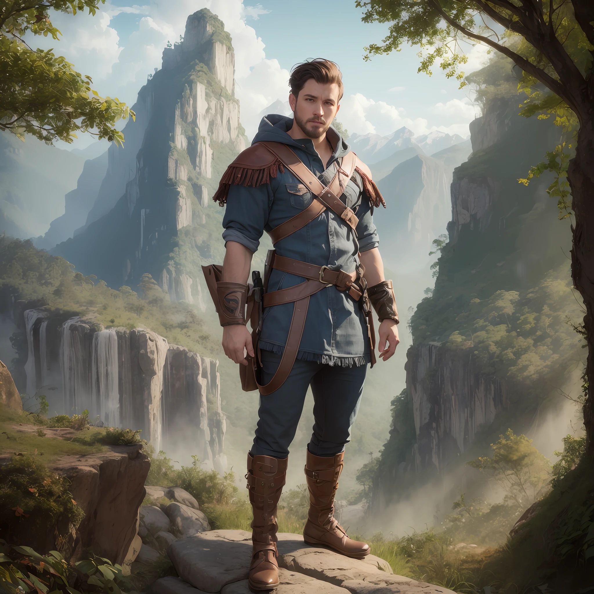 Portrait of Logan Jensen standing atop a rocky mountain with nice fantasy views of a jungle. Digital painting, artstation, concept art, soft focus, sharp, illustration.