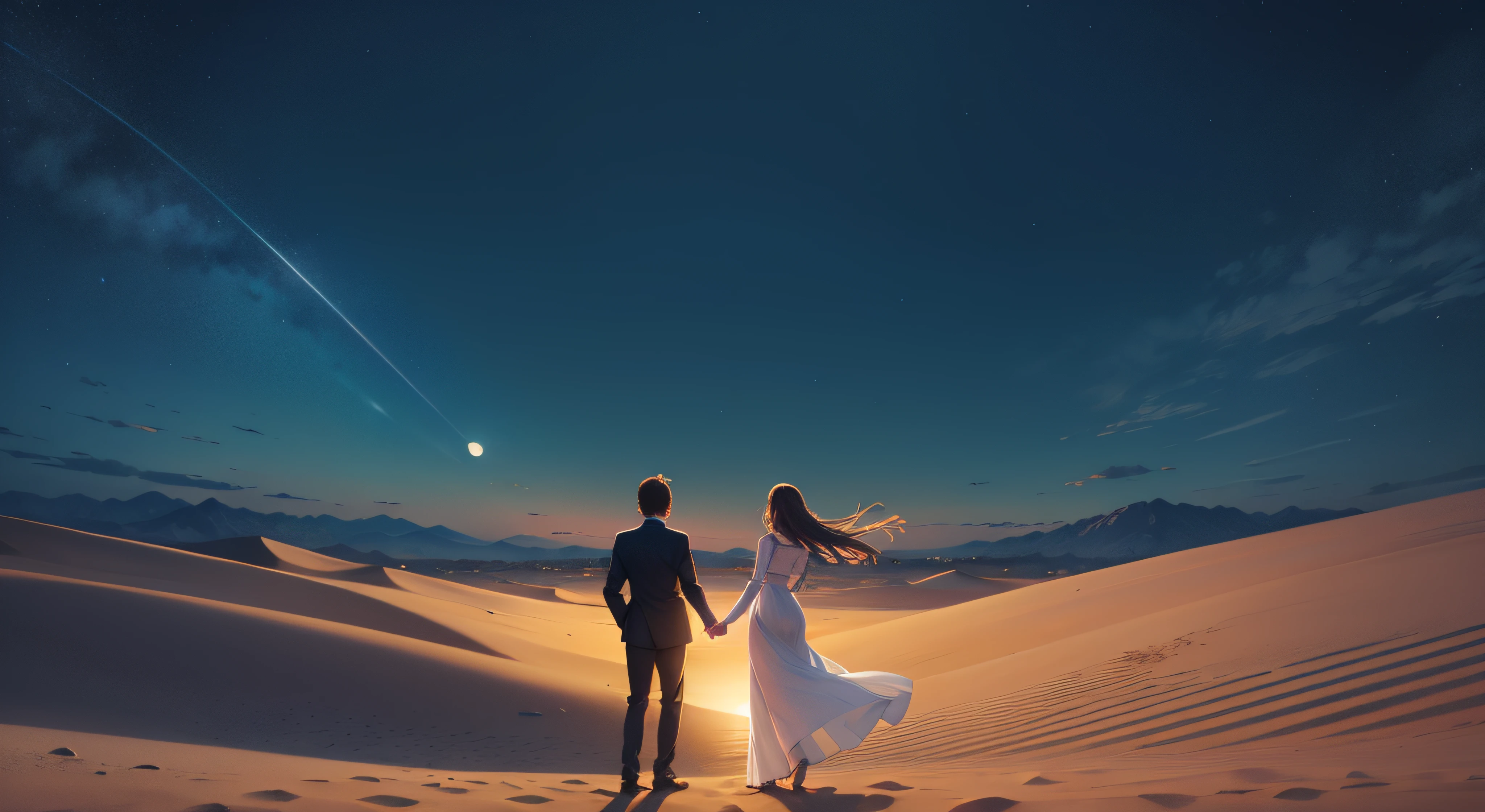 fantastic atmosphere, lonely feeling, hands two, desert, small moon, night sky, man and woman joining hands up, sunrise, woman in white dress,