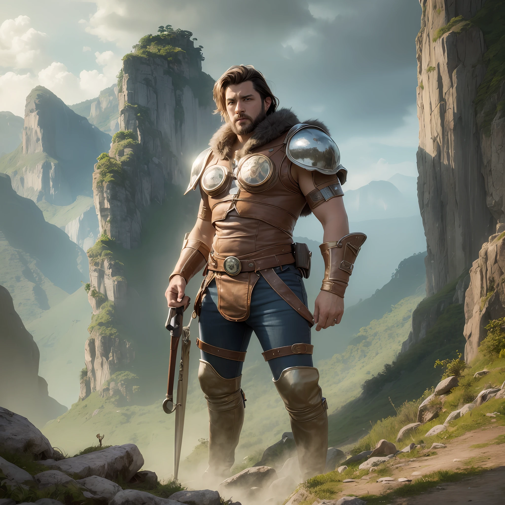 Portrait of Logan Jensen standing atop a rocky mountain with nice fantasy views of a jungle. Digital painting, artstation, concept art, soft focus, sharp, illustration.