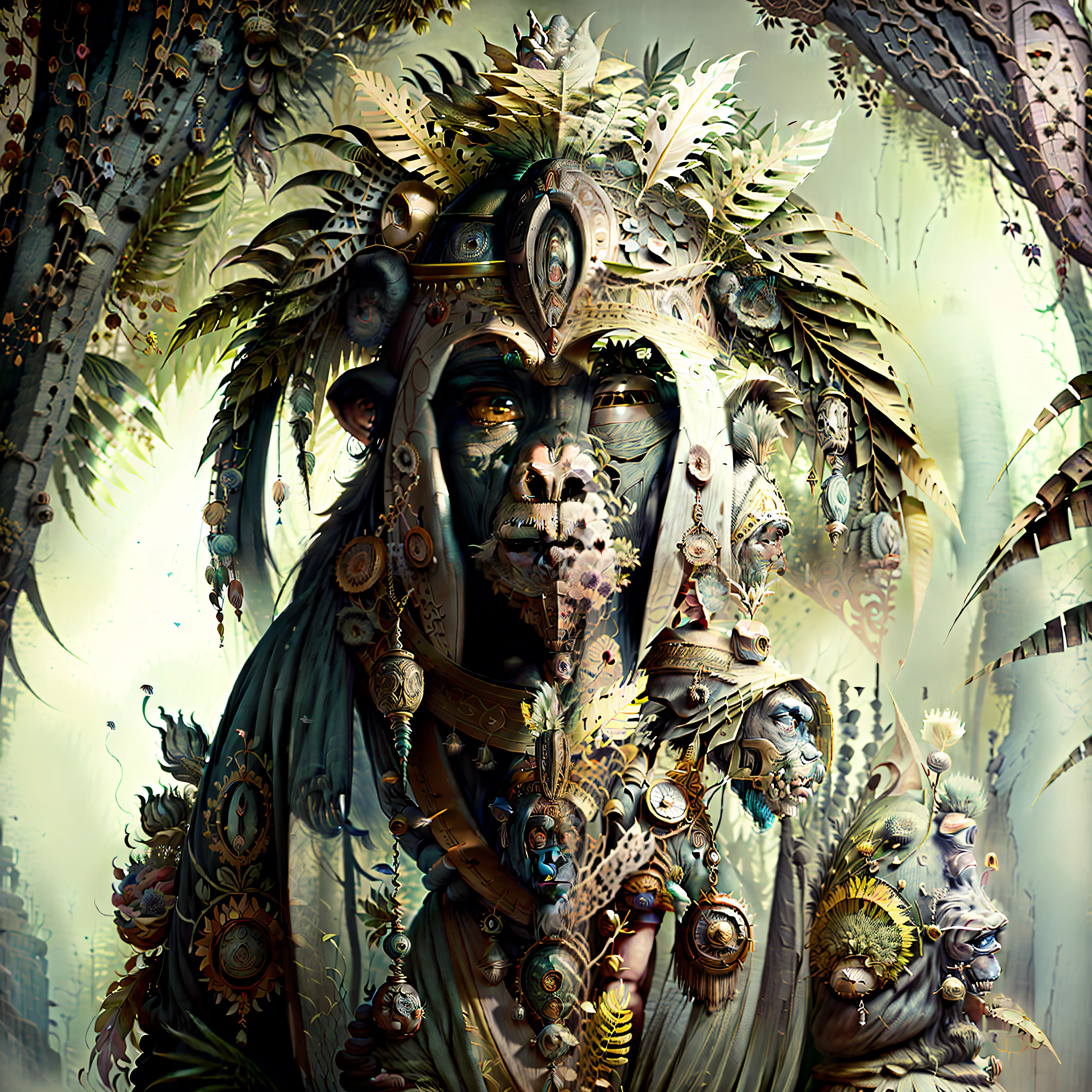 Chimpanzee Head ((Shaman)),,((meditative state),,Shaman, elegant chimpanzee, hair with details, with Indian headdress on head, ((meditating)) many colorful feathers, colorful feathers, facing the camera, detail: dense tropical foliage, highly detailed intricate, ((masterpiece)), ultra hyperrealistic, masterpiece
