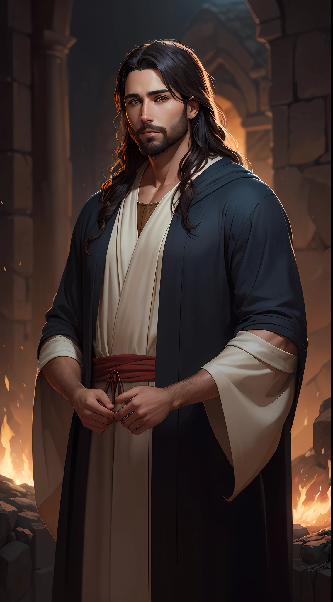 33-year-old man,appearance of Jesus Christ of Nazareth, robes equal to Jesus of Nazareth,black hair, little beard,highly detailed, digital painting, splash art., art by Greg Rutkowski and Artgerm, soft cinematic light, Adobe Lightroom, Photolab, HDR, intricate, highly detailed, (depth of field:1.4)