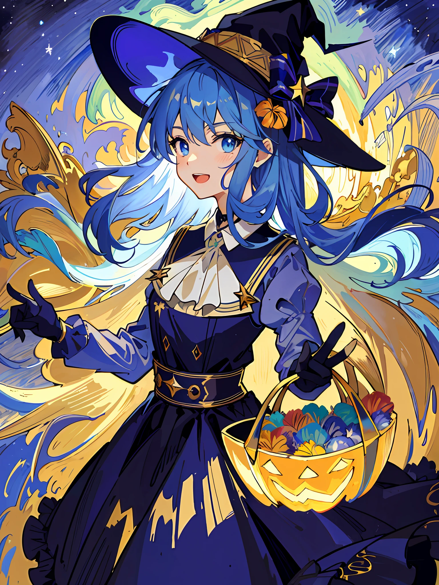 ((masterpiece:1.2, best quality)), 1girl, solo, (witch hat), a close up of a girl with curl hair, short hair, dress, aurora, night, star (sky), gloves, sky, dress, night sky, open mouth, starry sky, light blue eyes, ribbons, smile, cape, blue hair, magic, casting spell, night, (impressionism:1.4), alphonse mucha, Halloween colors, colorful candy