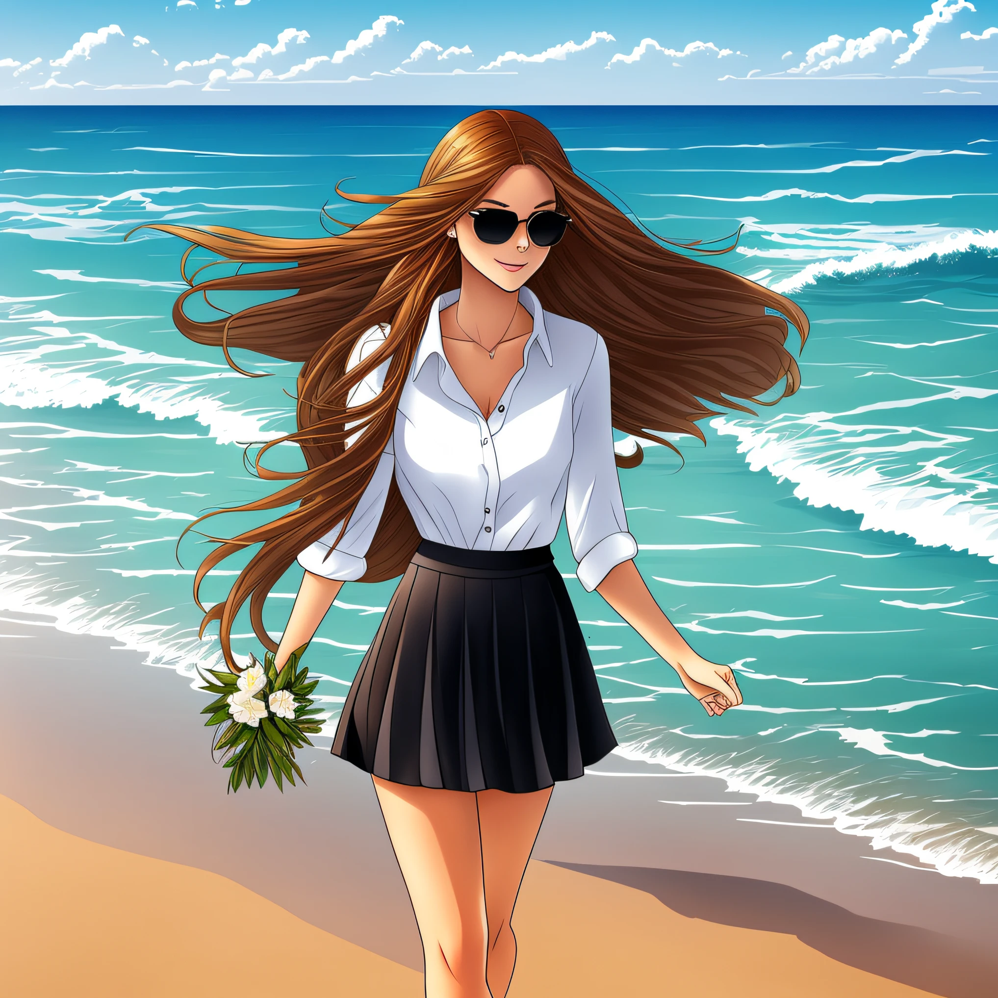 An incredibly beautiful girl in a summer dress, enjoying a beautiful summer walk, on a beach. The illustration is in high definition with a resolution of 4k, with very detailed facial features and cartoon-style visual effects. --auto