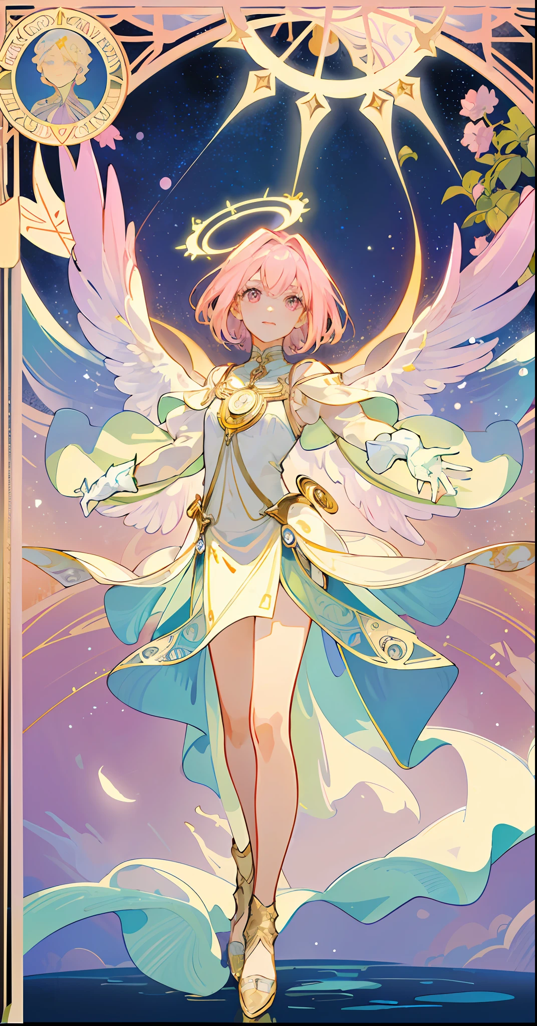 ((masterpiece,best quality)),(1girl, solo:1.4),beautiful detailed eyes, vivid, cinematic light, full_body, pink_flowers, (tarot_card), intricate, detailed background, looking_at_viewer, Madoka Kaname, hands reaching out, (flat chest), (walking), casual pose, posing, (white_gloves), (pink_eyes), white feathers, sparkles, glitter, celestial, outerspace, by alphonse mucha, (gold frame), halo, (tarot border)