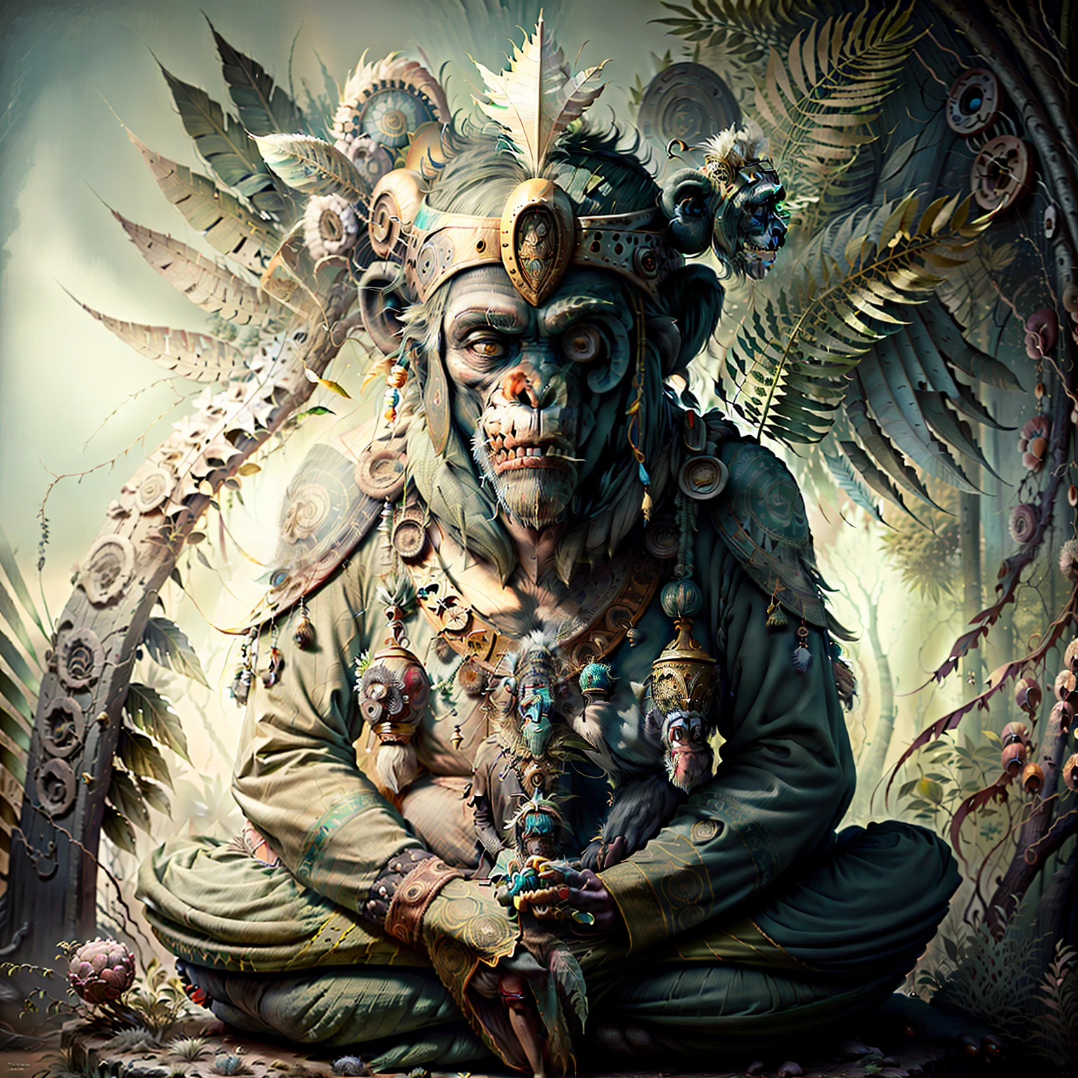 Chimpanzee Head ((Shaman)),,((meditative state),,Shaman, elegant chimpanzee, hair with details, with Indian headdress on head, ((meditating)) many colorful feathers, colorful feathers, facing the camera, detail: dense tropical foliage, highly detailed intricate, ((masterpiece)), ultra hyperrealistic, masterpiece