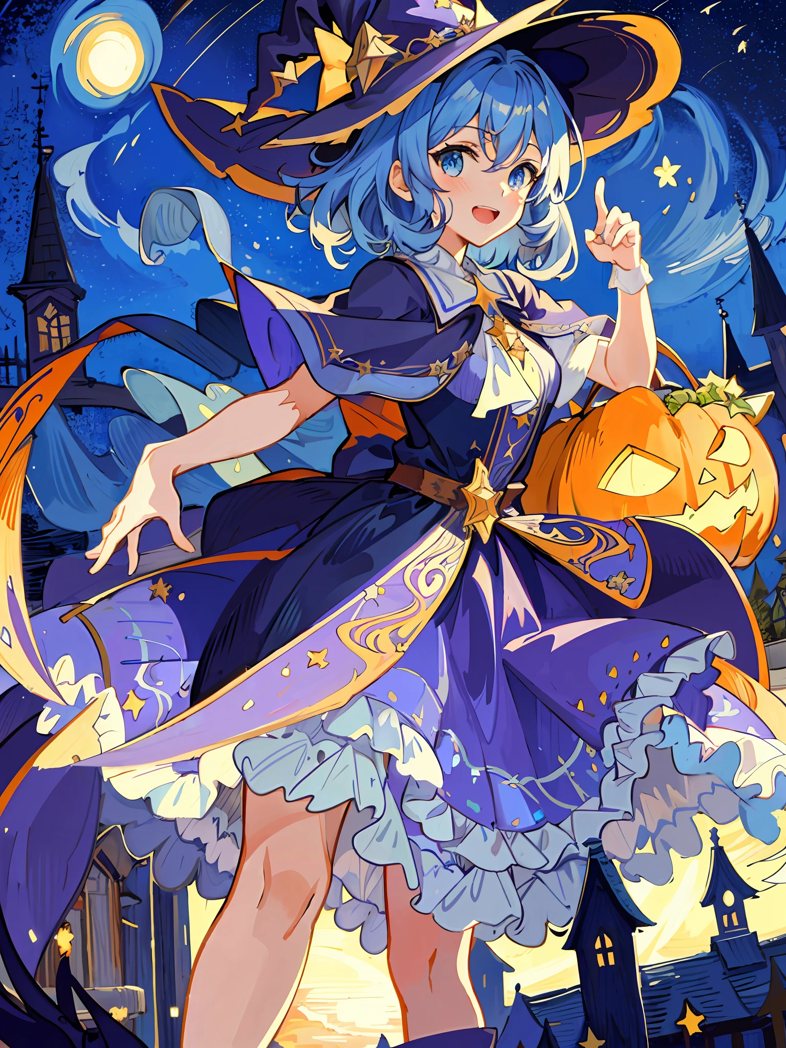 ((masterpiece:1.2, best quality)), 1girl, solo, (witch hat), a close up of a girl with curl hair, short hair, dress, aurora, night, star (sky), gloves, sky, dress, night sky, open mouth, starry sky, light blue eyes, ribbons, smile, cape, blue hair, magic, casting spell, night, (impressionism:1.4), alphonse mucha, Halloween colors, colorful candy