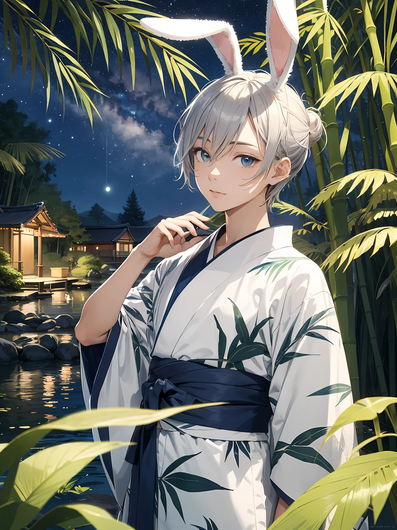 illustration style, cute boy, silver-haired blue-eyed rabbit ears, solo, rabbit ears, rabbit ears, sunny starry sky, milky way, leisurely, sunny night sky, relaxation, stream, inflatable float, carefree atmosphere, refreshing water, yukata, bamboo leaves, bamboo branches, Tanabata , boy's body, refreshing water, gentle ripples, comfortable relaxation, bamboo leaves, night sky, lazy night, quiet Japan