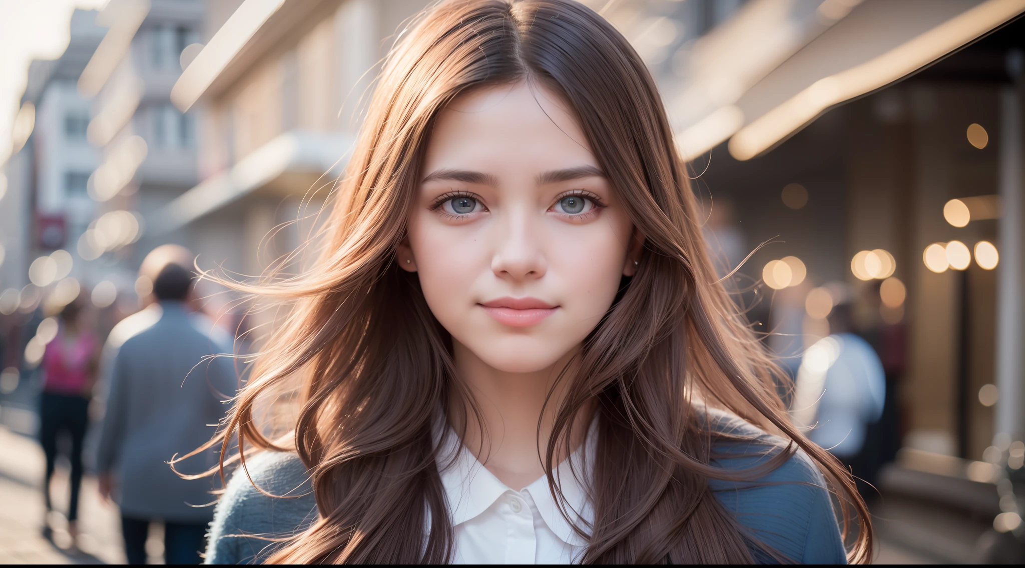 Young woman, long brown hair that falls gently in waves. Big, blue eyes, average height. elegant clothes with touches of creativity and originality, natural skin, clothing details, florianópolis, dawn, spring, crowd in the background, looking frontally, from the front, smiling, happy, smiling, showing teeth, texture 8k, highly detailed, realistic, soft cinematic light, HDR, focus sharp, masterpiece, photorealistic, award-winning photography, 35mm