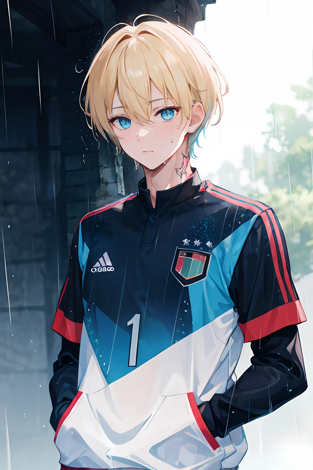 masterpiece, best quality, highres, 1man, short hair, medium breasts, short blond hair, cyan blue eyes, azure blue lock, German team football jersey, (rain:1.3), hands in pockets, sweating, heavy breathing, rose tattoo in the neck