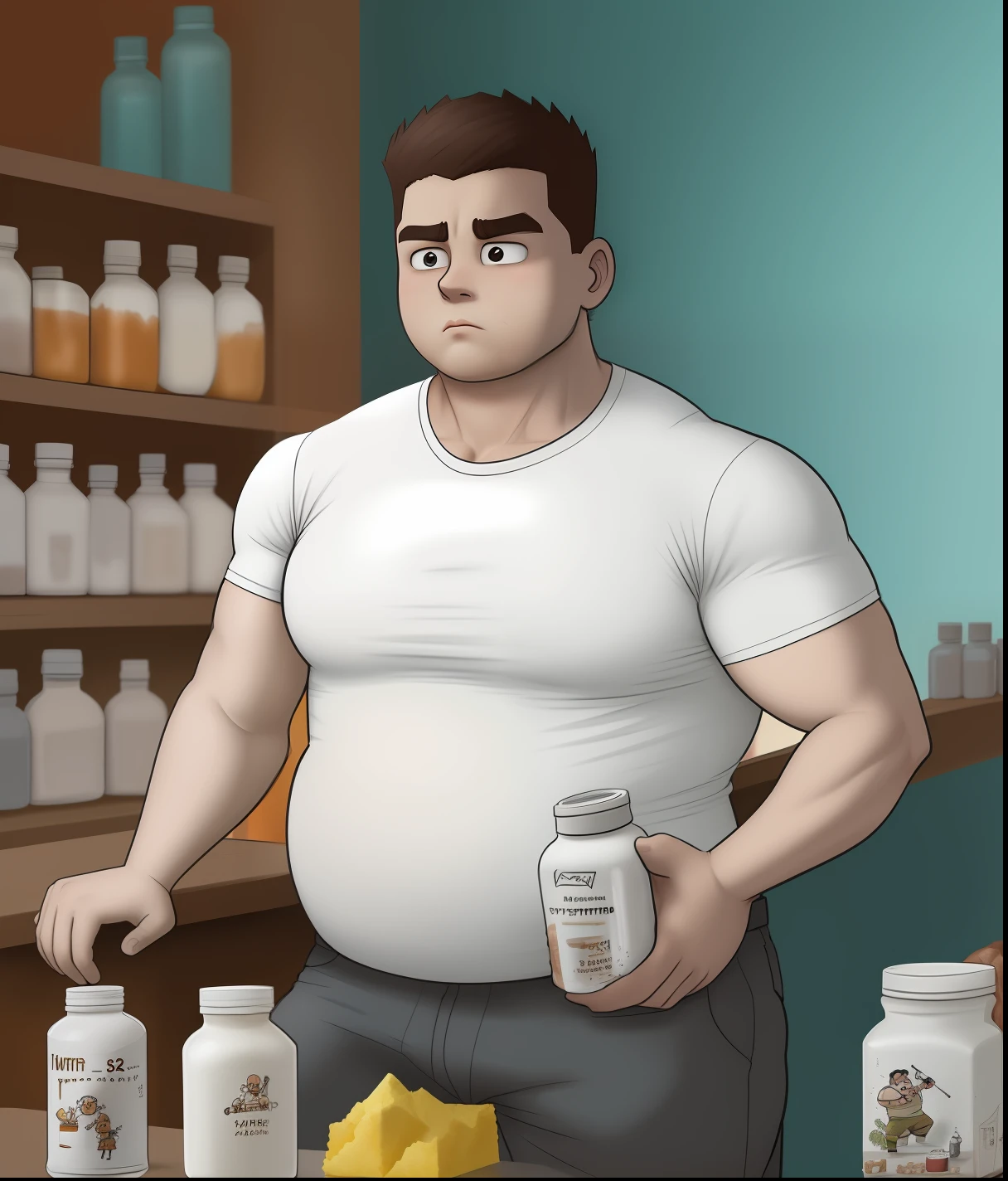 Man 25 years old, fat, with supplement in hand, frustrated, cartoon, toon, holding jar of whey protein