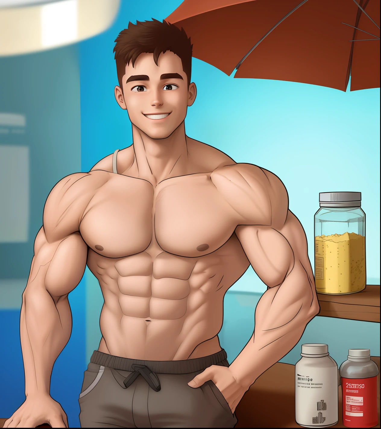 Man 25 years old, muscular, with supplement in hand, smiling, cartoon, Toon, holding jar of whey protein