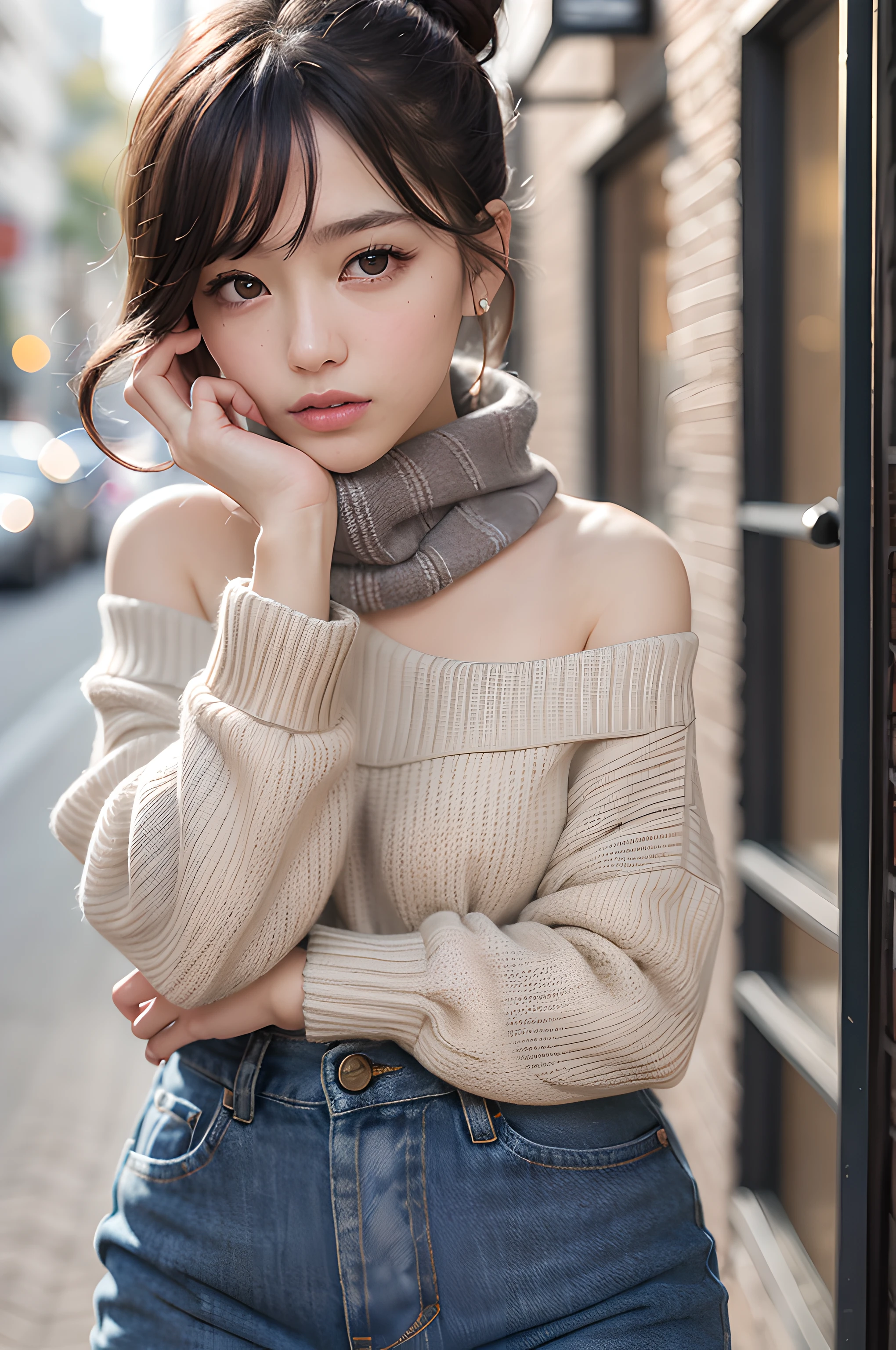 (masterpiece), (portrait), (aesthetic), (beautiful), (upper blody), (high quality), (aesthetic clothings), (professional angle), (rule of thirds), (Feminine), (woman), (female), (beautiful),(feminine features), (21 years), solo, 1 woman, (attractive Japanese), Autumn, (Falling Leaves), (Afternoon), (Soft light), ((Candid Poses)), (Camera in Hand Hands), ((Looking Sideways Face)), ((Playful)), (Natural Make-up), (Petite Bust), (Scarf), ((Shoulder Hair)), (Black Hair), (Wavy Hair), (Messy Bun hair), (- in Hair), (Partially Open Eyes), (Brown Eyes), (Casual Look), Fair skin, (- Clothing), (Sweater), (Denim Shorts), (Leggings ), (Scoop Neck Neckline), ((Sidewalk or Alley background)), (Fish eye, Close-up Shot Shot), beautiful hands, two hands, normal hands, two arms, complete hands, beautiful body, beautiful fingers, normal fingers, five fingers, five fingers, beautiful ears, normal ears, beautiful eyes, shiny eyes, beautiful mouth, beautiful lips,
