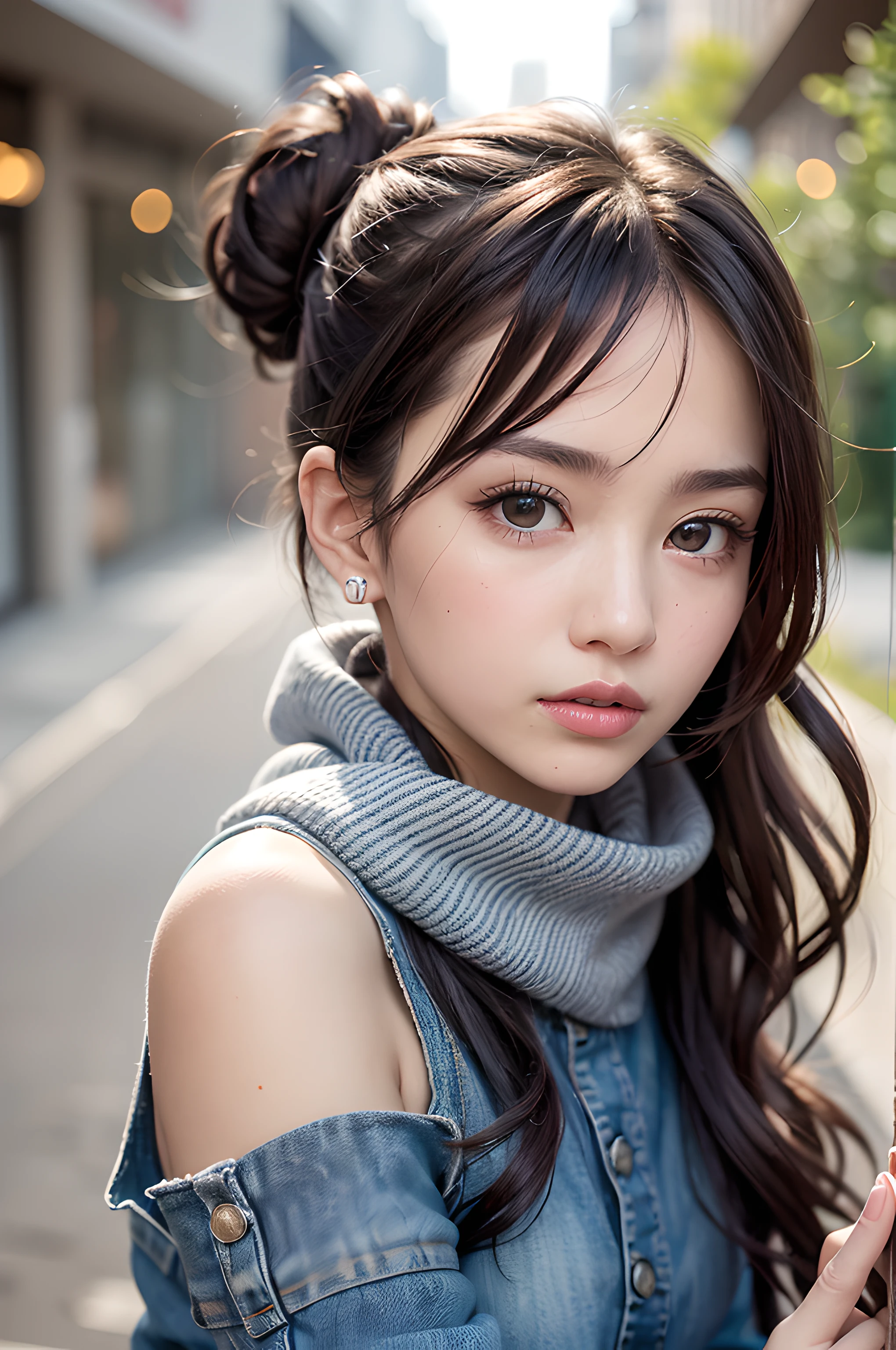 (masterpiece), (portrait), (aesthetic), (beautiful), (upper blody), (high quality), (aesthetic clothings), (professional angle), (rule of thirds), (Feminine), (woman), (female), (beautiful),(feminine features), (21 years), solo, 1 woman, (attractive Japanese), Autumn, (Falling Leaves), (Afternoon), (Soft light), ((Candid Poses)), (Camera in Hand Hands), ((Looking Sideways Face)), ((Playful)), (Natural Make-up), (Petite Bust), (Scarf), ((Shoulder Hair)), (Black Hair), (Wavy Hair), (Messy Bun hair), (- in Hair), (Partially Open Eyes), (Brown Eyes), (Casual Look), Fair skin, (- Clothing), (Sweater), (Denim Shorts), (Leggings ), (Scoop Neck Neckline), ((Sidewalk or Alley background)), (Fish eye, Close-up Shot Shot), beautiful hands, two hands, normal hands, two arms, complete hands, beautiful body, beautiful fingers, normal fingers, five fingers, five fingers, beautiful ears, normal ears, beautiful eyes, shiny eyes, beautiful mouth, beautiful lips,