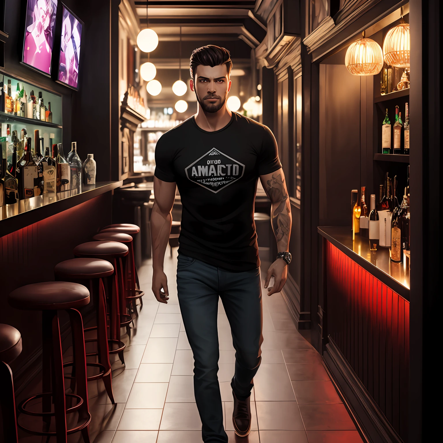 man entering quirky bar,black t-shirt, man caminando, full body mancinematic realistic portrait, render portrait 8k, realistic cinematic photo, realistic face moody lighting, ultra realistic image, unreal engine character art, ultrarealistic 8k cyberpunk art, cinematic bust portrait, photorealistic art style, an ultra realistic, detailed portrait shot, handsome man, 8k portrait shot portrait --auto