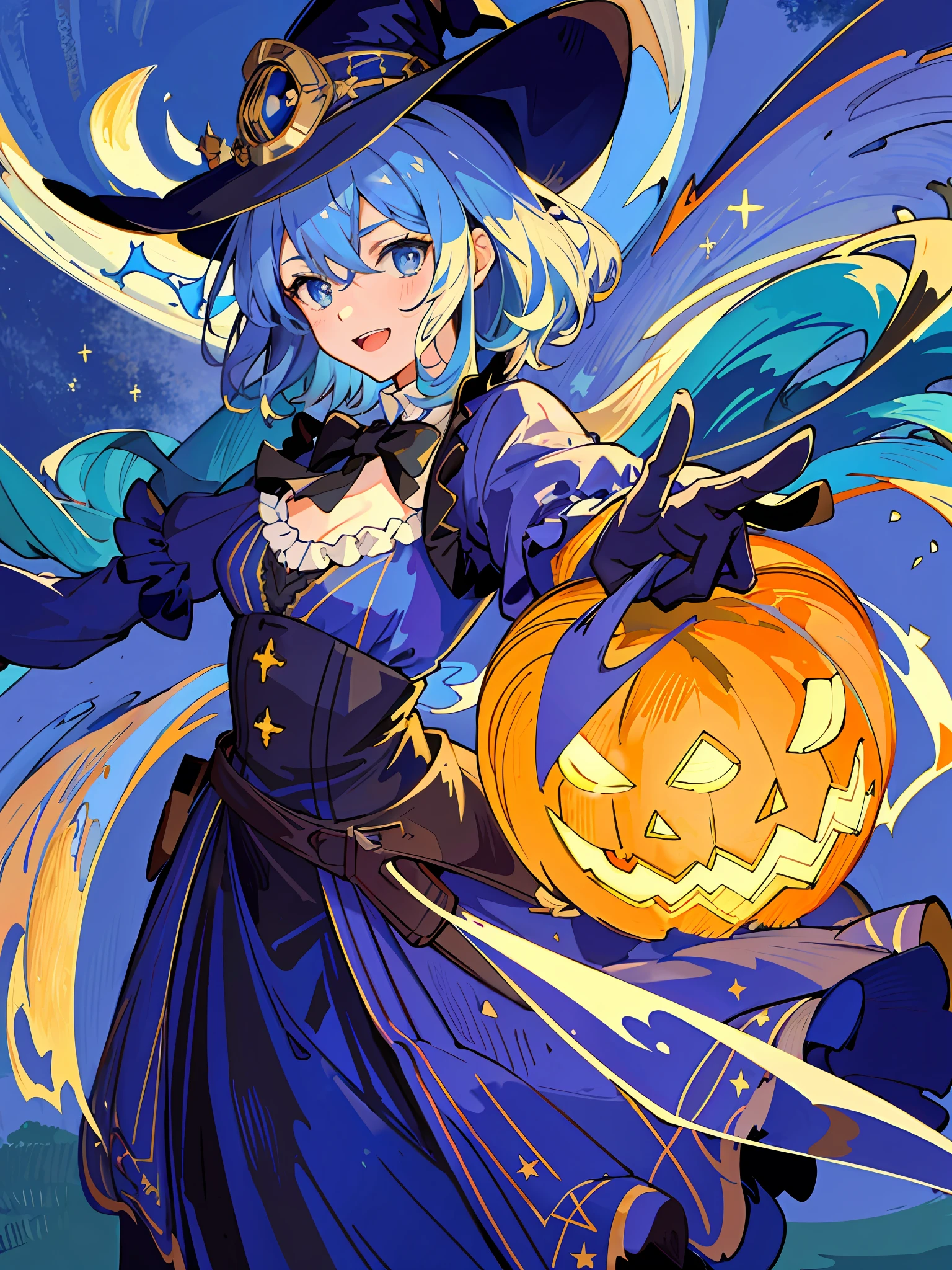 ((masterpiece:1.2, best quality)), 1girl, solo, (witch hat), a close up of a girl with curl hair, short hair, dress, aurora, night, star (sky), gloves, sky, dress, night sky, open mouth, starry sky, light blue eyes, ribbons, smile, cape, blue hair, magic, casting spell, night, (impressionism:1.4), alphonse mucha, Halloween colors, colorful candy