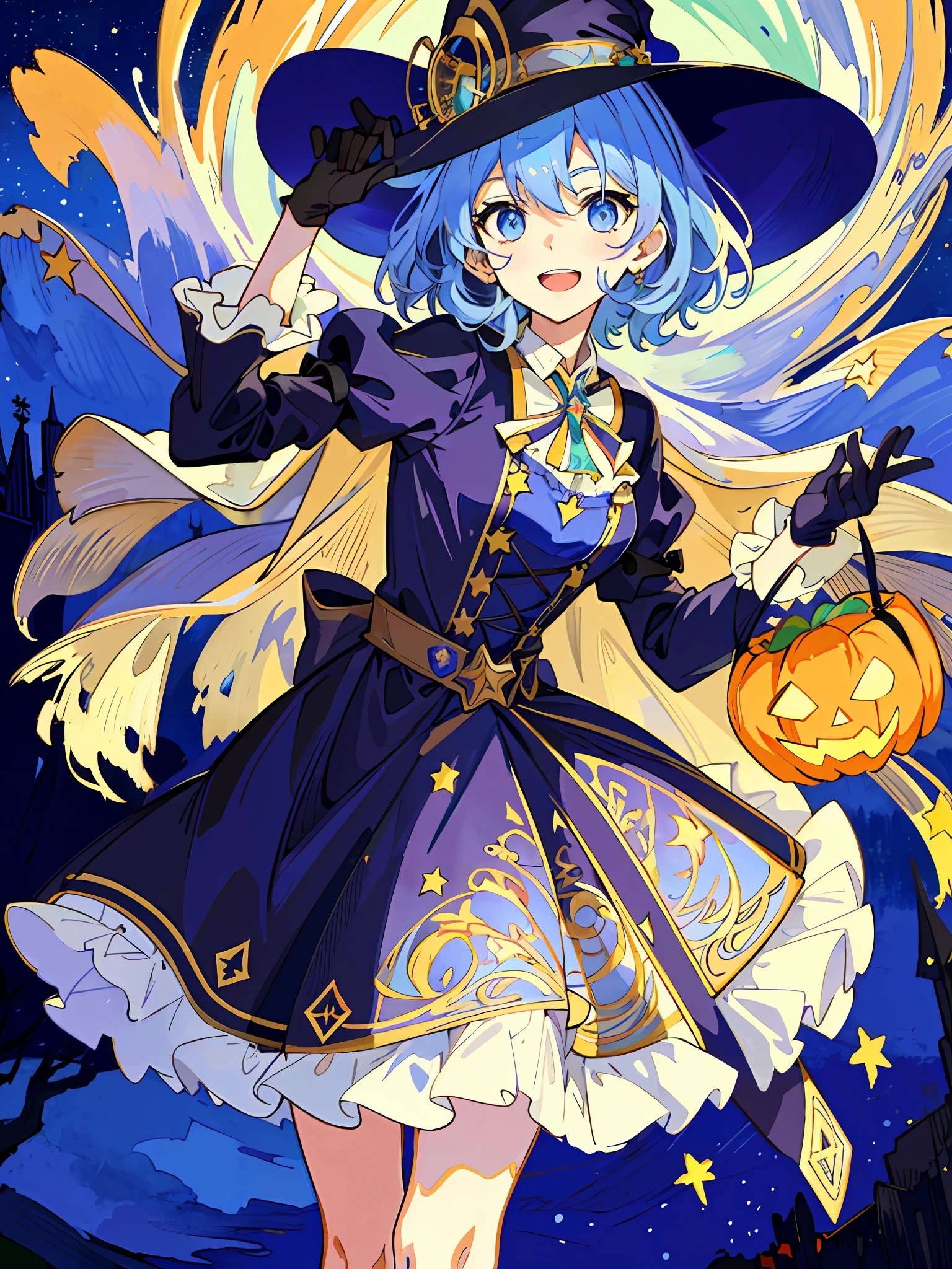 ((masterpiece:1.2, best quality)), 1girl, solo, (witch hat), a close up of a girl with curl hair, short hair, dress, aurora, night, star (sky), gloves, sky, dress, night sky, open mouth, starry sky, light blue eyes, ribbons, smile, cape, blue hair, magic, casting spell, night, (impressionism:1.4), alphonse mucha, Halloween colors, colorful candy