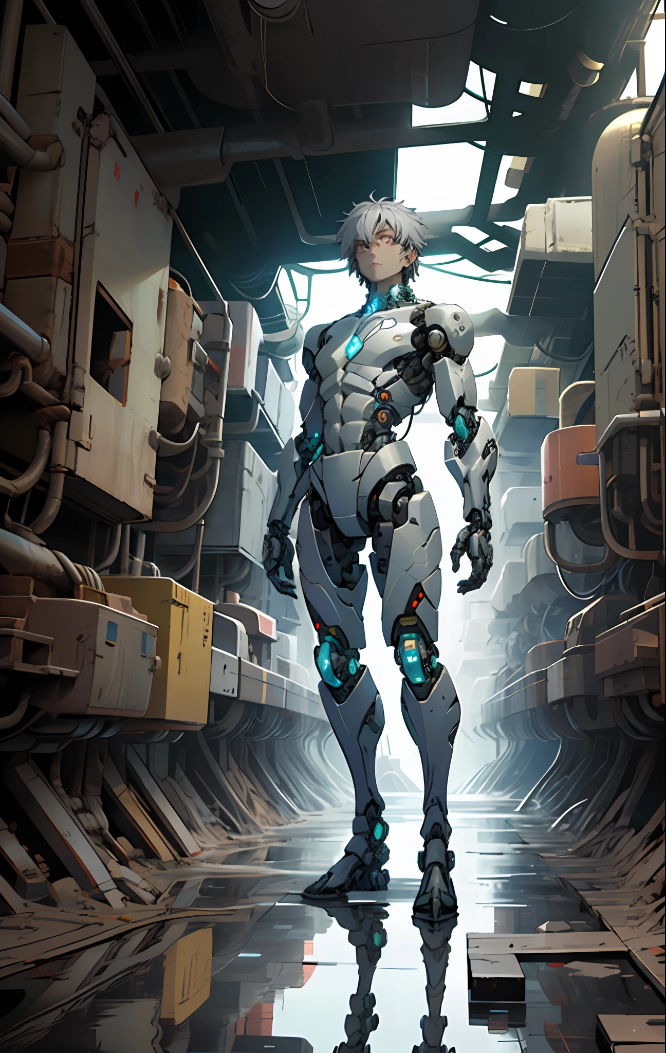 A closeup of a person standing on a body of water, this character has cryokinesis, the other a humanoid form figure, molten cyborg, splinter-colored reflected armor, cyborg anime, cyborg body, cybernetic body, full body, silver eyes full body, robotic anime mixed with organic