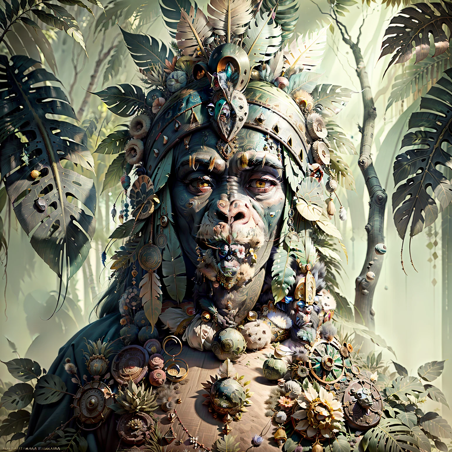 Chimpanzee Head ((Shaman)),,((meditative state),,Shaman, elegant chimpanzee, hair with details, with Indian headdress on head, ((meditating)) many colorful feathers, colorful feathers, facing the camera, detail: dense tropical foliage, highly detailed intricate, ((masterpiece)), ultra hyperrealistic, masterpiece