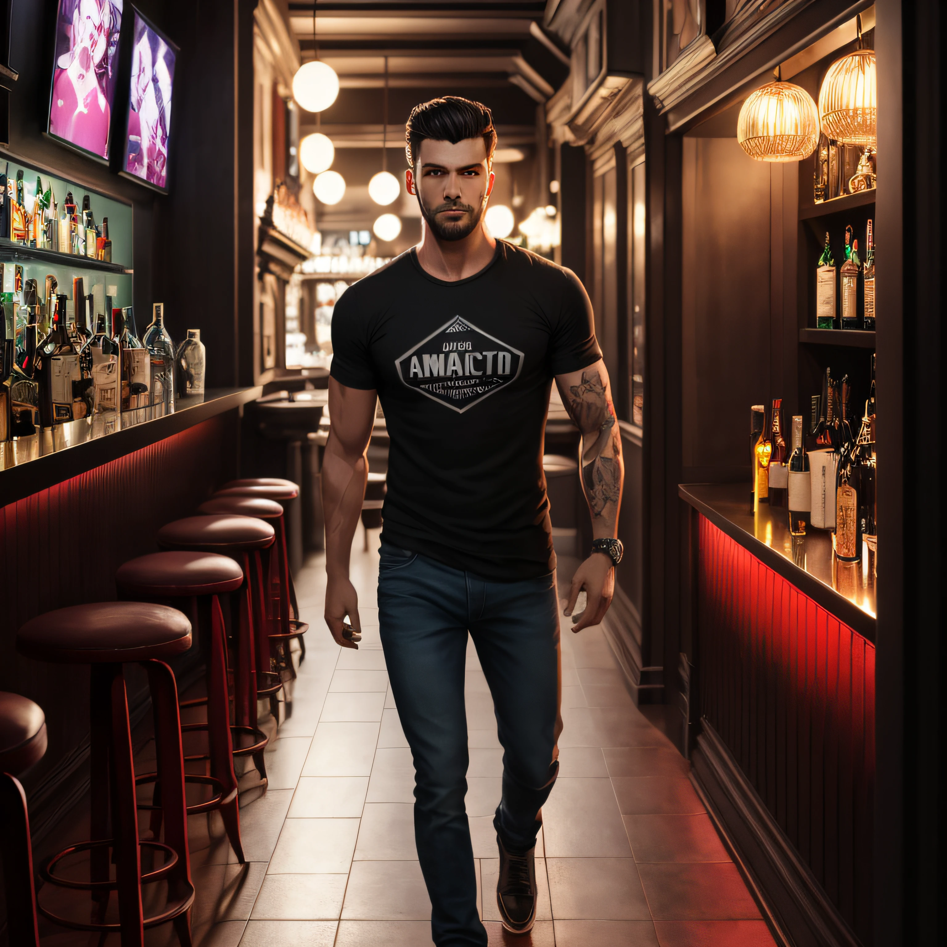 man entering quirky bar,black t-shirt, man caminando, full body mancinematic realistic portrait, render portrait 8k, realistic cinematic photo, realistic face moody lighting, ultra realistic image, unreal engine character art, ultrarealistic 8k cyberpunk art, cinematic bust portrait, photorealistic art style, an ultra realistic, detailed portrait shot, handsome man, 8k portrait shot portrait --auto