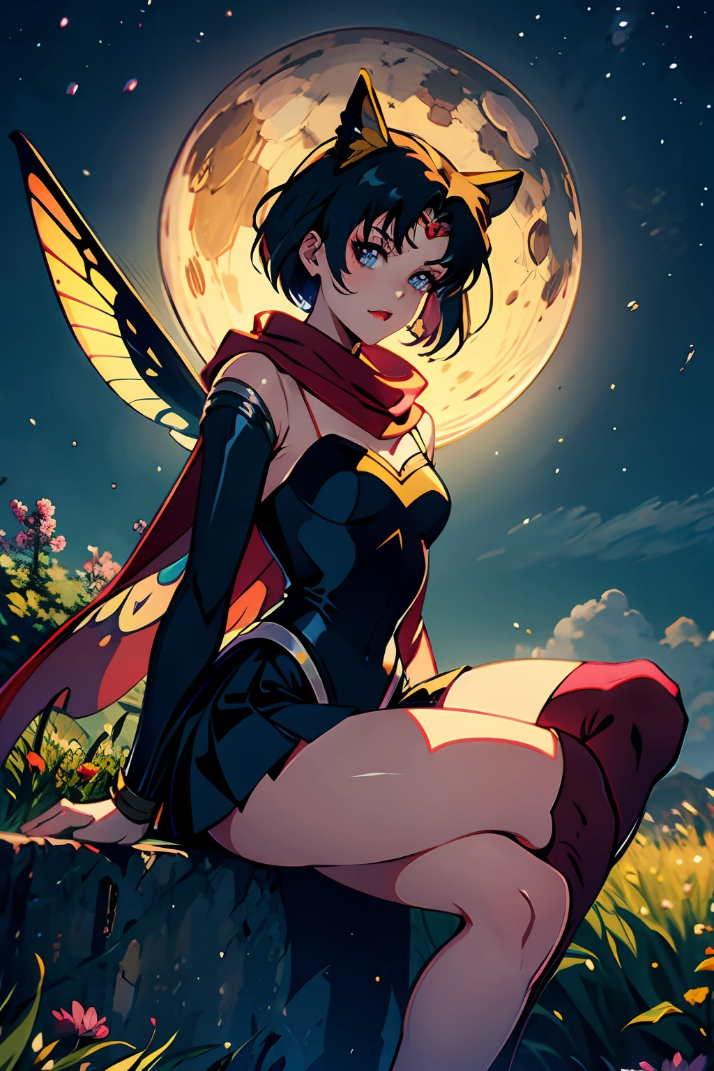Butterfly Fairy, Sailor Moon, bust, angel, vampire, fangs, sad, spiritual short hair, red scarf, bulletproof helmet, knee skirt, insect wings, facing the viewer, middle finger, dusk, monet style, star Angel