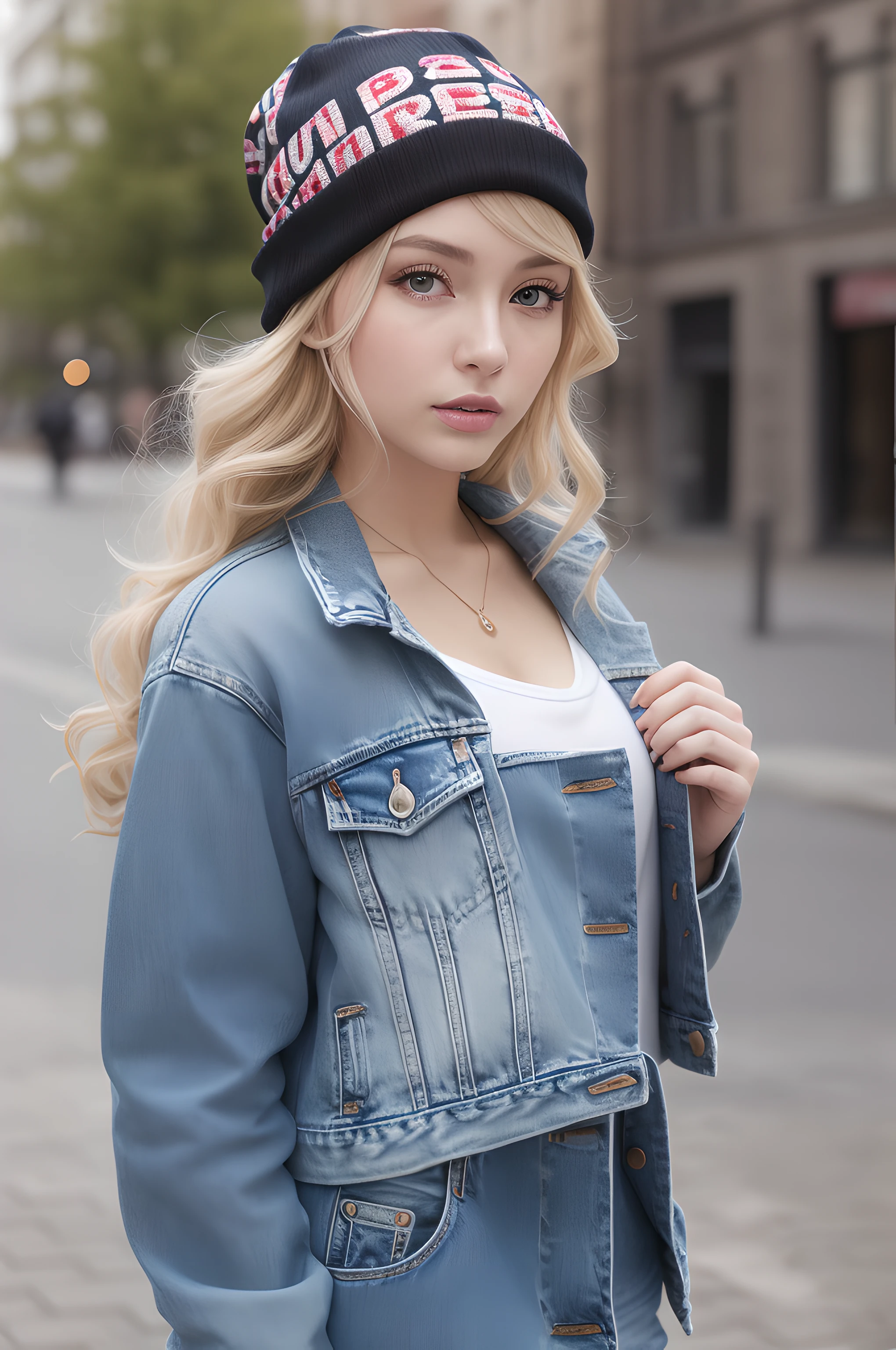 (masterpiece), (portrait), (aesthetic), (beautiful), (upper blody), (high quality), (aesthetic clothings), (professional angle), (rule of thirds), (Feminine), (woman), (female), (beautiful),(feminine features), (21 years), solo, 1 woman, (attractive British), Spring, (Light Rain), (Morning), (Soft light), ((Urban Explorer)), (Camera Strap Around Neck Hands), ((Looking Down Face)), ((Curious)), (Neutral Make-up), (Ample Bust), (Beanie), ((Long Hair)), (Blonde Hair), (Curly Hair), (Half-Updo hair), (- in Hair), (Softly Closed Eyes), (Blue Eyes), (Relaxed Look), Fair skin, (- Clothing), (Denim Jacket), (Graphic T-Shirt), (Boyfriend Jeans ), (Crew Neck Neckline), ((City Park or Square background)), (Fish eye, Wide Shot Shot), beautiful hands, two hands, normal hands, two arms, complete hands, beautiful body, beautiful fingers, normal fingers, five fingers, five fingers, beautiful ears, normal ears, beautiful eyes, shiny eyes, beautiful mouth, beautiful lips,