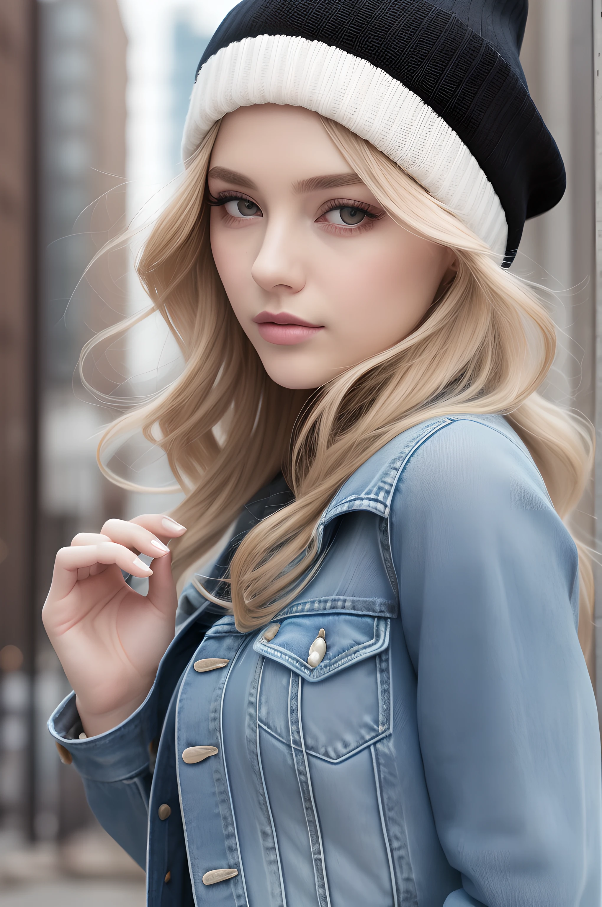 (masterpiece), (portrait), (aesthetic), (beautiful), (upper blody), (high quality), (aesthetic clothings), (professional angle), (rule of thirds), (Feminine), (woman), (female), (beautiful),(feminine features), (21 years), solo, 1 woman, (attractive British), Spring, (Light Rain), (Morning), (Soft light), ((Urban Explorer)), (Camera Strap Around Neck Hands), ((Looking Down Face)), ((Curious)), (Neutral Make-up), (Ample Bust), (Beanie), ((Long Hair)), (Blonde Hair), (Curly Hair), (Half-Updo hair), (- in Hair), (Softly Closed Eyes), (Blue Eyes), (Relaxed Look), Fair skin, (- Clothing), (Denim Jacket), (Graphic T-Shirt), (Boyfriend Jeans ), (Crew Neck Neckline), ((City Park or Square background)), (Fish eye, Wide Shot Shot), beautiful hands, two hands, normal hands, two arms, complete hands, beautiful body, beautiful fingers, normal fingers, fou rfingers, beautiful ears, normal ears, beautiful eyes, shiny eyes, beautiful mouth, beautiful lips,