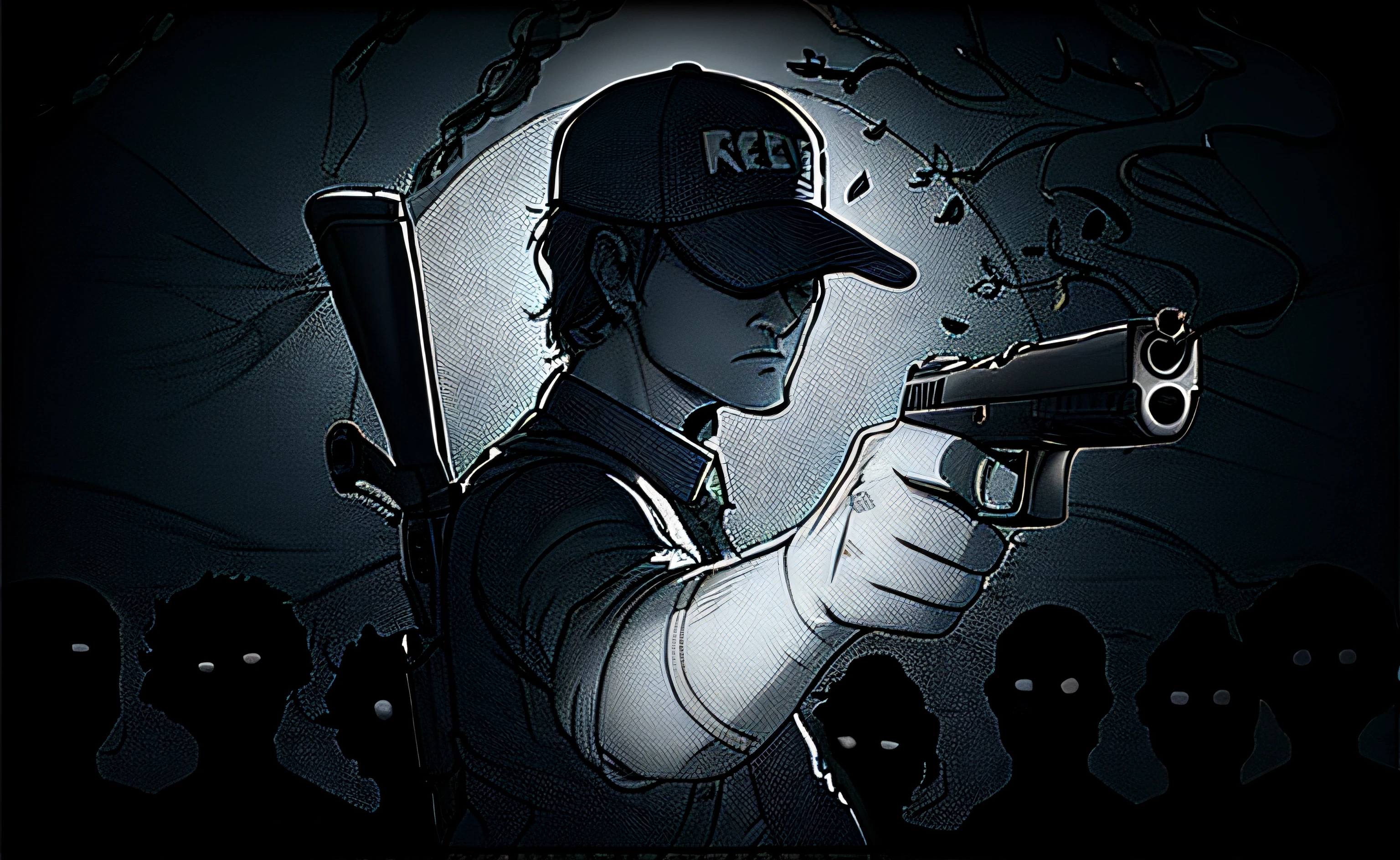 a cartoon of a man holding a gun in front of a horde of zombies, foreground boy with cap and a pistol, on the back, a rifle, keyframe illustration, concept piece, detailed fanart, concept art for a video game, rick grimes line art, closeup of character art, high-contrast dark concept art,  Jamie Hewlett Art, Fanart, Badass Composition