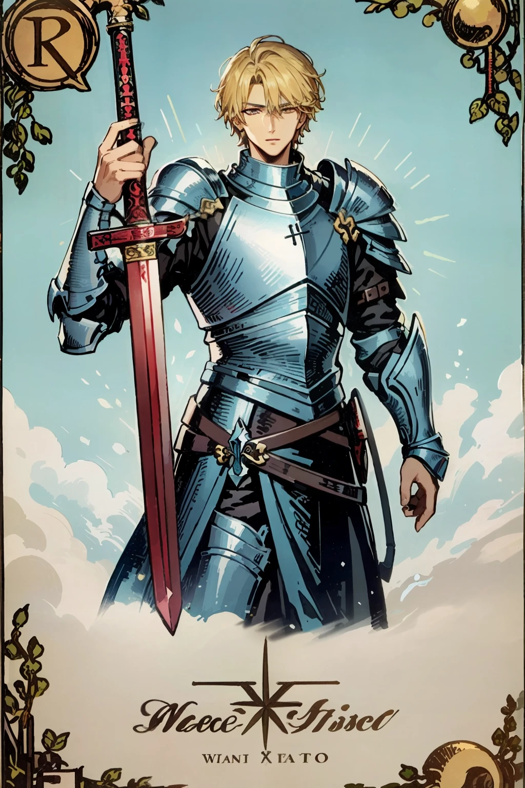 masterpiece, handsome man, blonde hair, armor, knight, sword, ice prince, beautiful background, secret concept tarot card history card mystery, tarot card, best quality