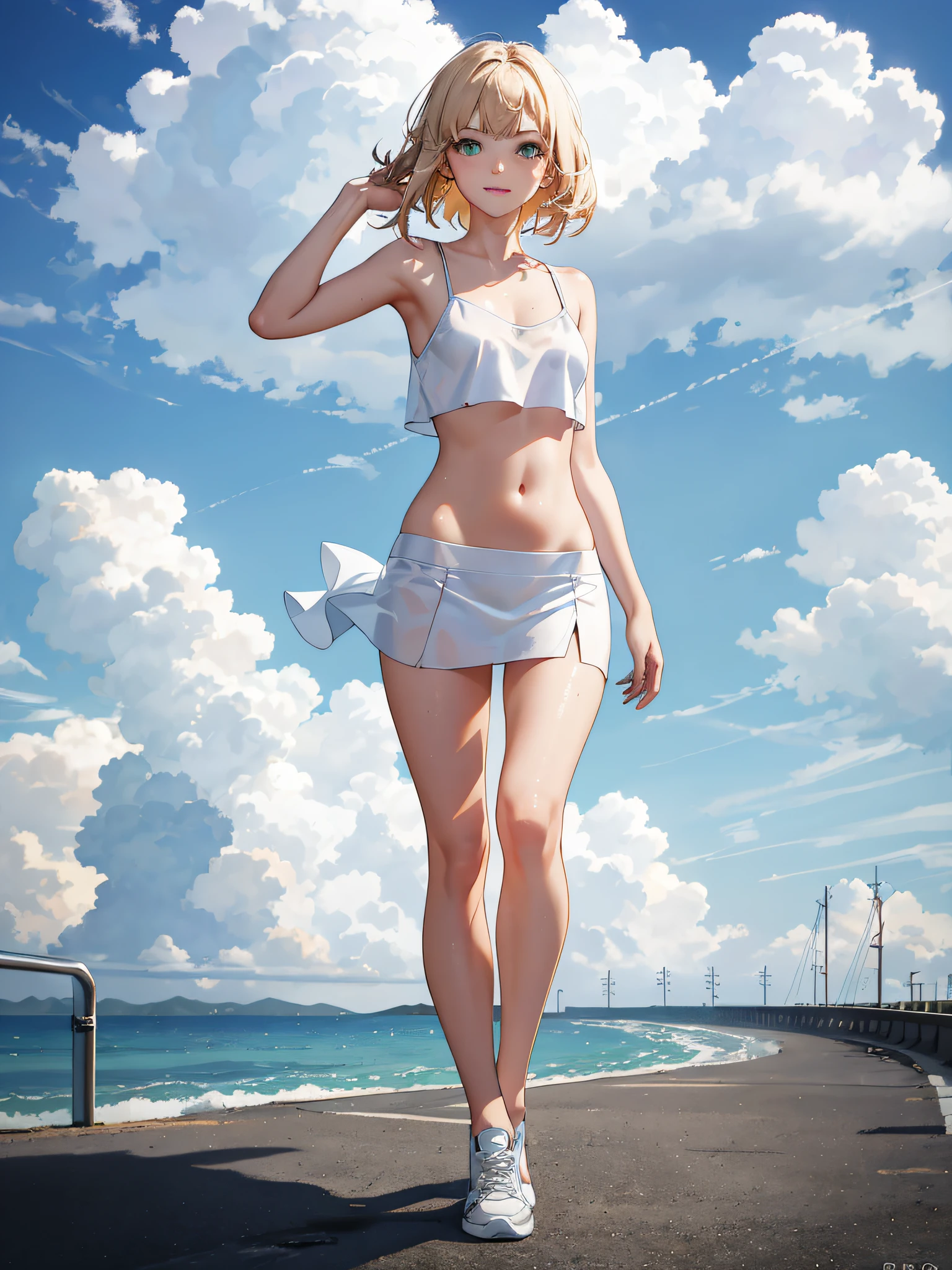 Masterpiece, ultra-realistic image quality, best quality, realistic, hyper-detailed, dynamic lighting, high resolution, sharp focus, depth of field, fine details, high details, high quality shadows, beautiful details, ultra HD rendering, accurate, textured skin, high details, high quality, very detailed, high resolution, 8k, photo, photography, real person, a very young girl, (about 11 to 12 years old: 1.25), cute, cute teen tomboy, slim, soft body, Belly button, cute-elegant pose, slightly twisted, gently smiling, (shiny, sweaty skin: 1.4), slim, looking at the viewer, off-the-shoulder white top, sleeveless white blouse with bare belly, belly-bare, white sneakers, very short white miniskirt, ((transparent clothing)), ((very short miniskirt)), long hair, blond hair, (green eyes: 0.5), (eyes with fine details), (small flat breasts: 1.5), A-cup, slit in the crotch, wet body, shy face, HD image quality, realistic image quality, clean face, fair skin, slender legs, realistic face, (perfect face), exquisite face, (8K:1.2), solo, nudity, , high-quality shadow, beautifully detailed, outdoor, day, sky, cloud, sunlight, full body, outdoor, day, nautical background, blue sky